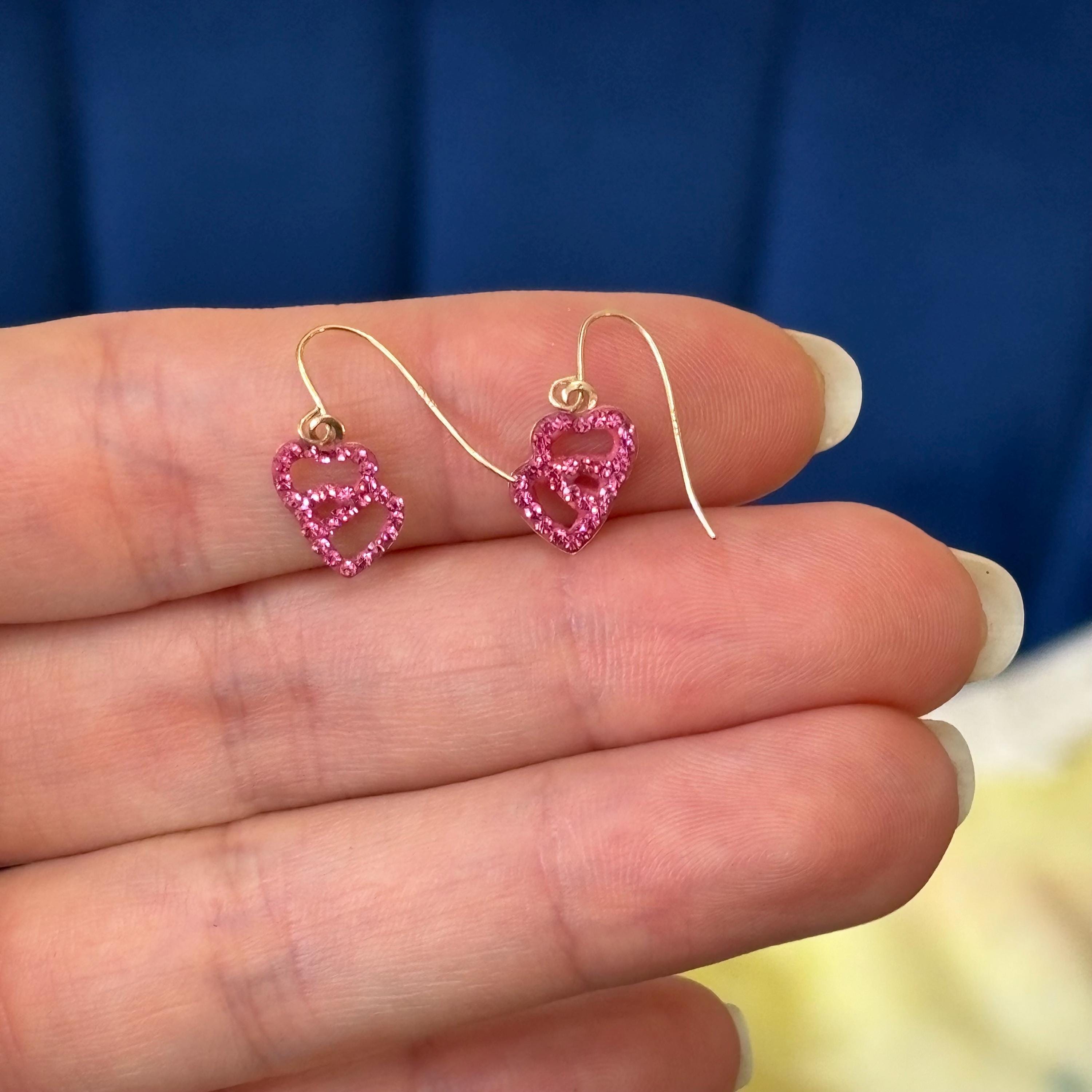10k Gold Pink Double Heart with Pink Crystals Dangle Earrings