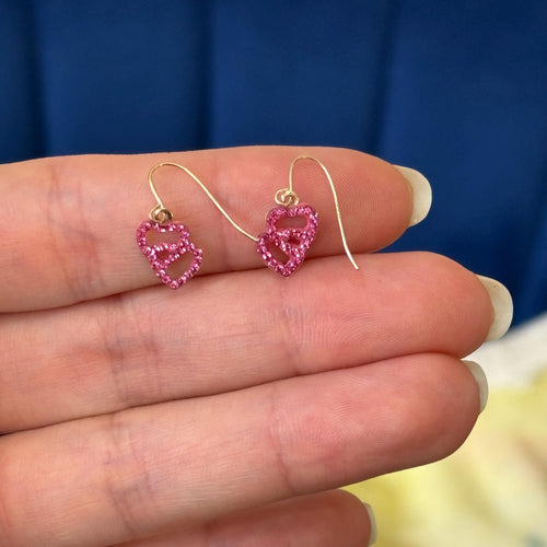 10k Gold Pink Double Heart with Pink Crystals Dangle Earrings