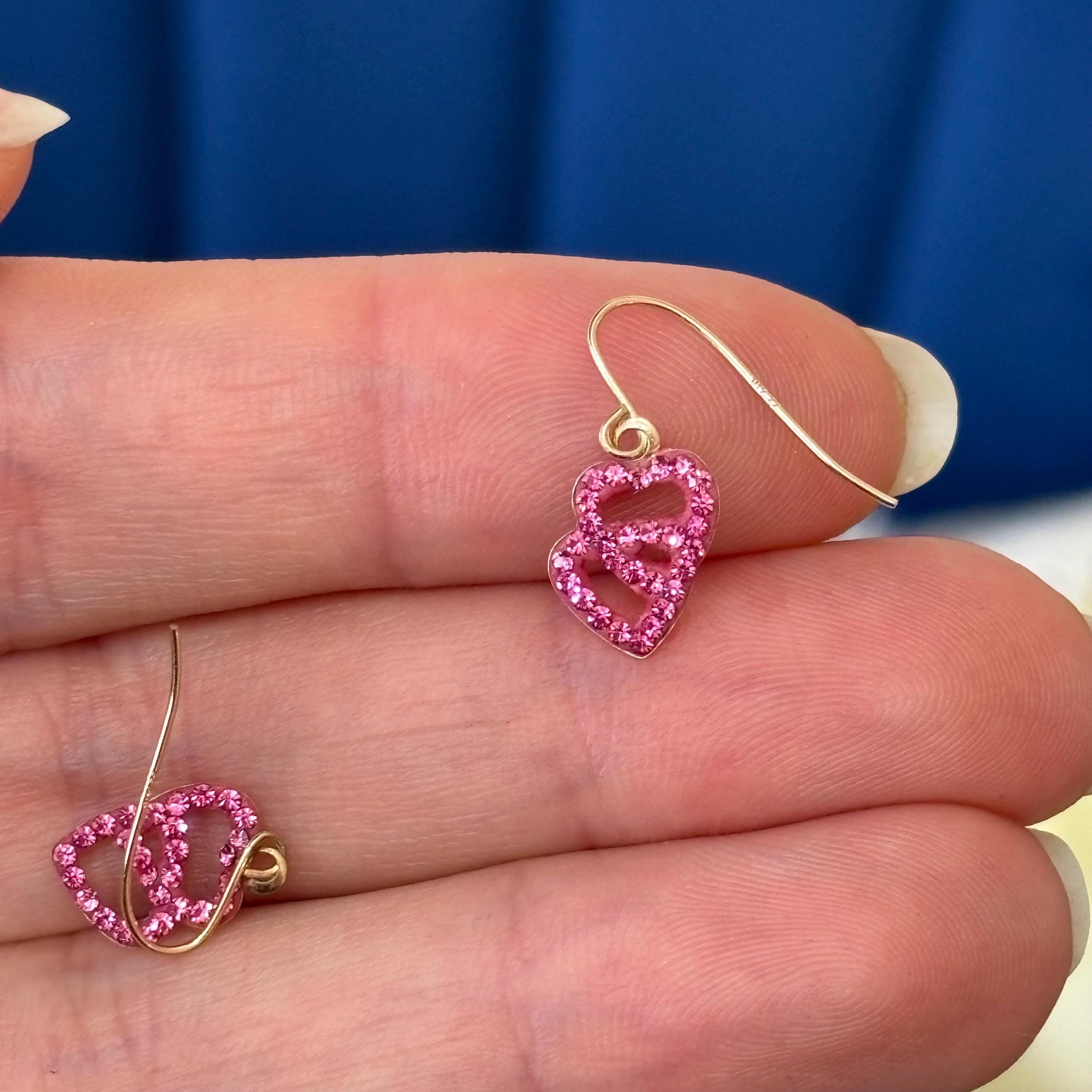 10k Gold Pink Double Heart with Pink Crystals Dangle Earrings