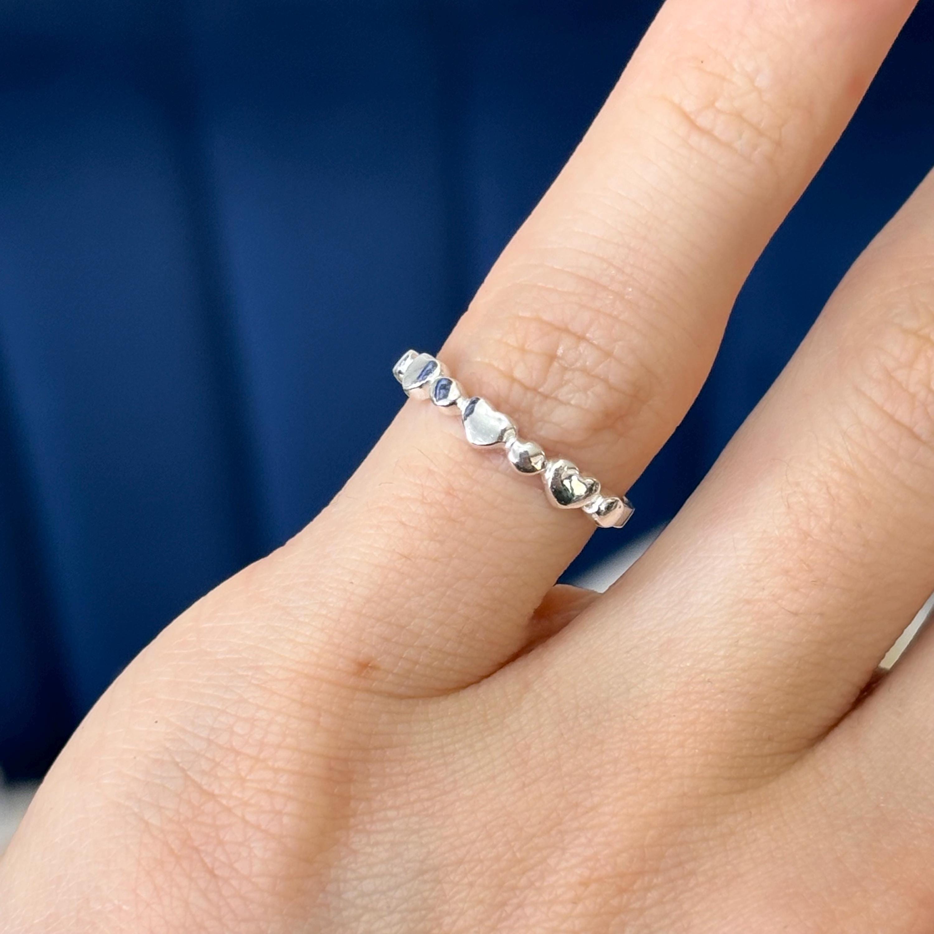 Sterling Silver Thin Dainty Hearts with Silver Beads Open Band Toe Ring