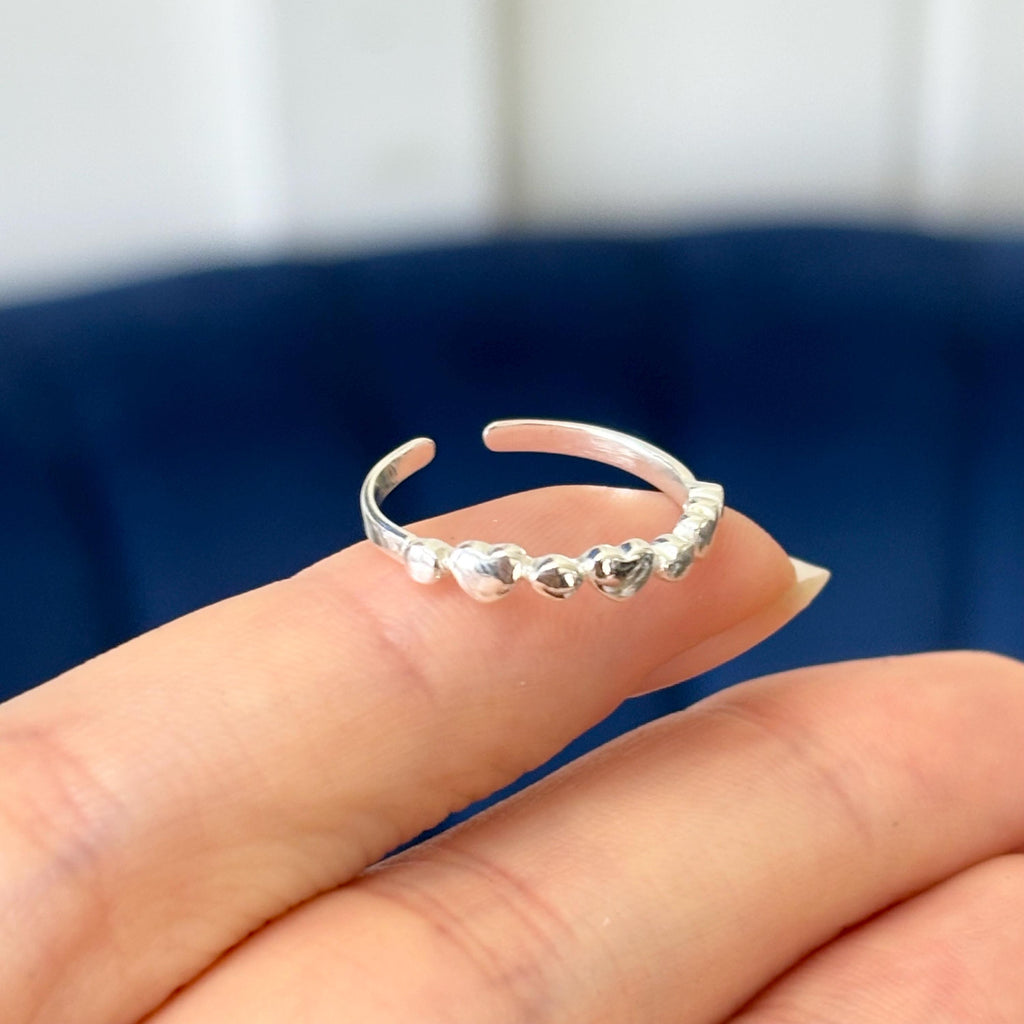 Sterling Silver Thin Dainty Hearts with Silver Beads Open Band Toe Ring