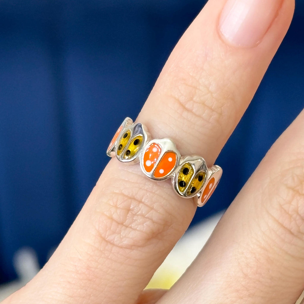 Sterling Silver Orange and Yellow Enameled Lady Bug Open Band Toe Ring