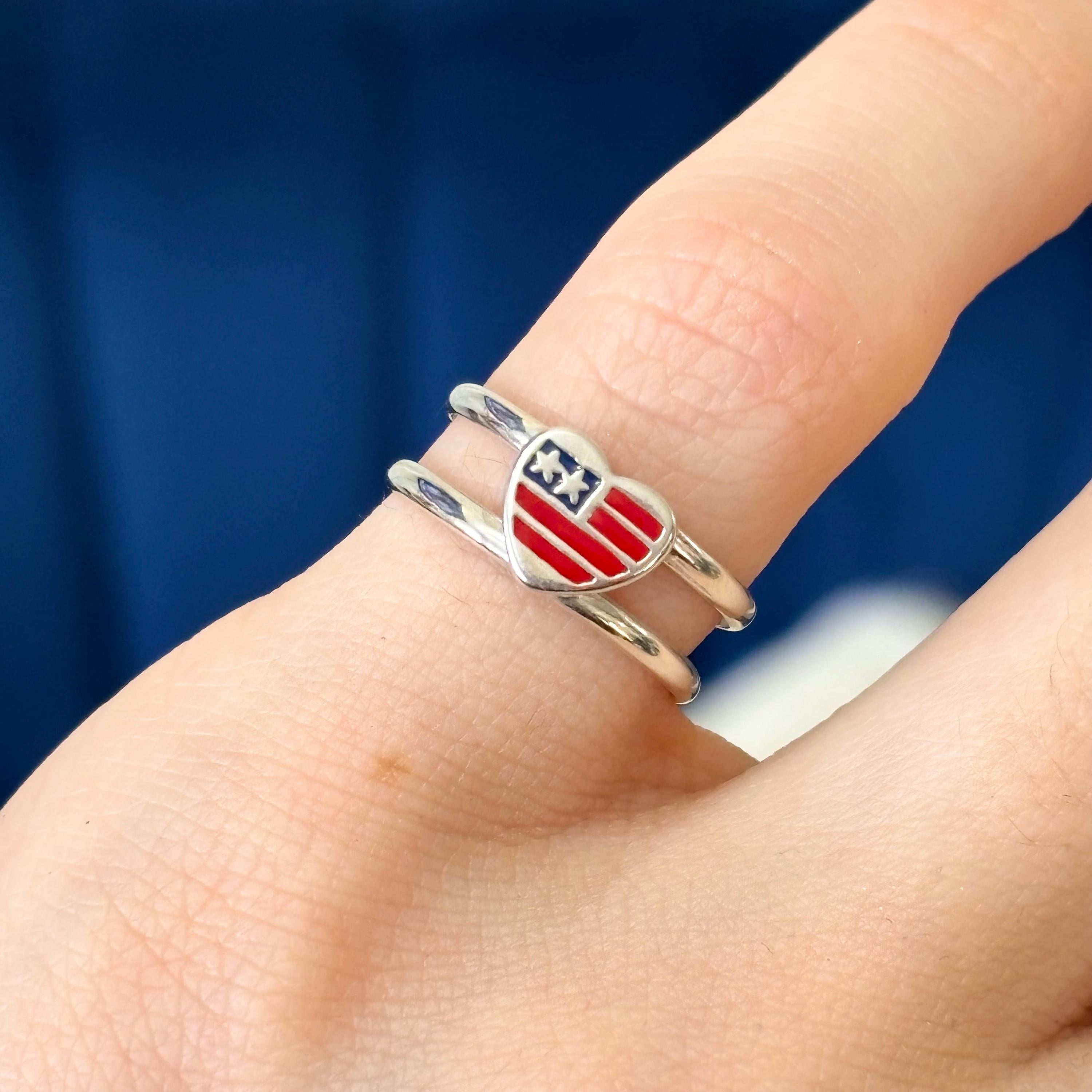 Sterling Silver Enameled Patriotic Heart-shaped Flag Open Double Band Toe Ring