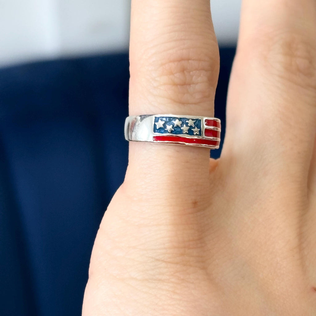 Sterling Silver Enameled Patriotic American Flag Open Band Toe Ring