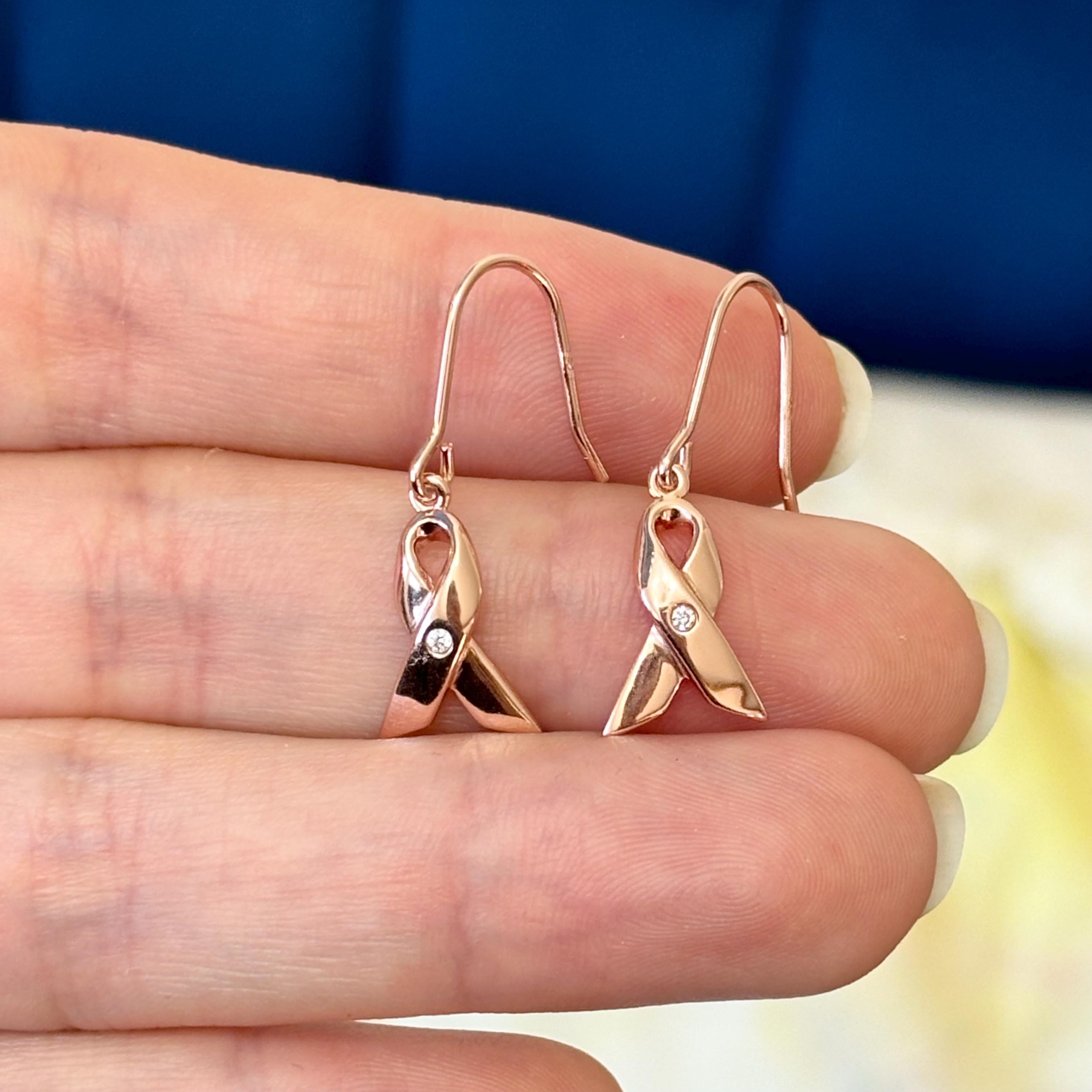 Sterling Silver Rose Gold-plated with CZ Awareness Ribbon French Wire Dangle Earrings