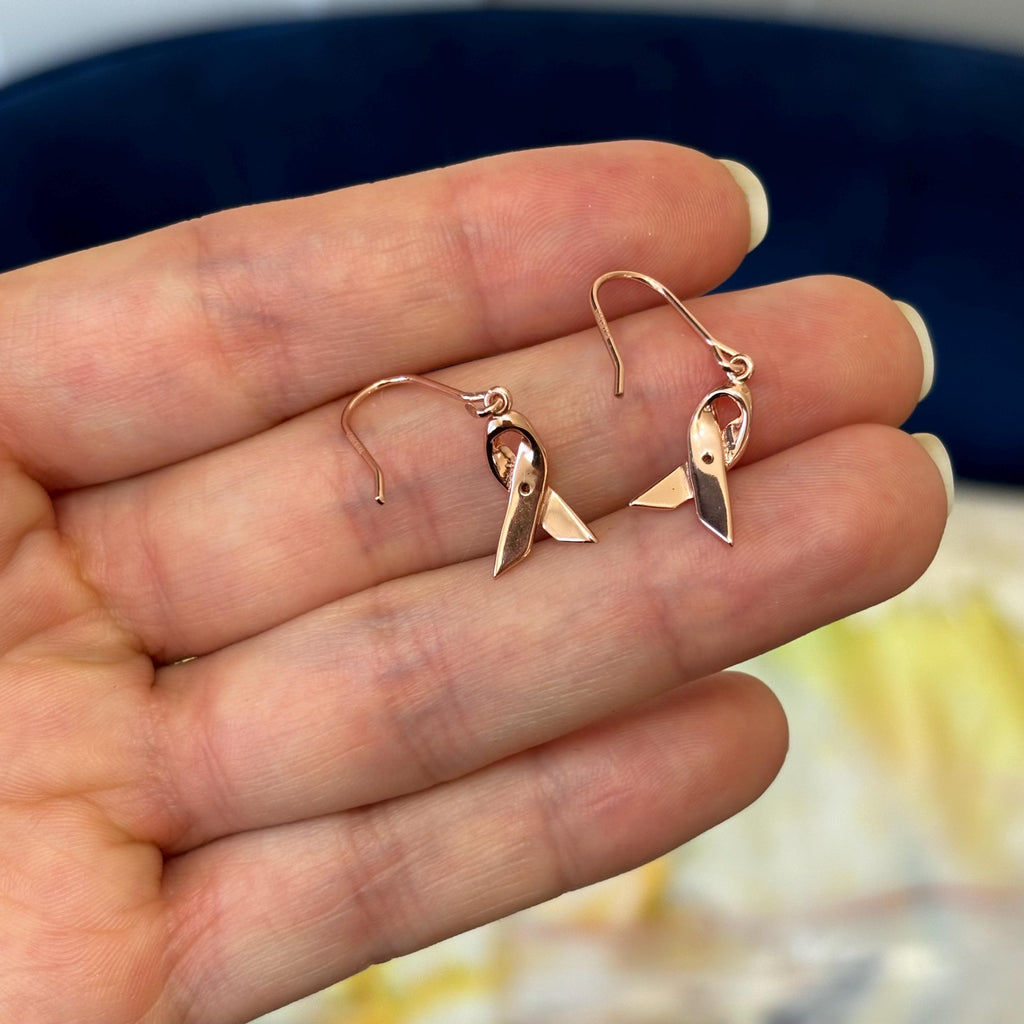 Sterling Silver Rose Gold-plated with CZ Awareness Ribbon French Wire Dangle Earrings
