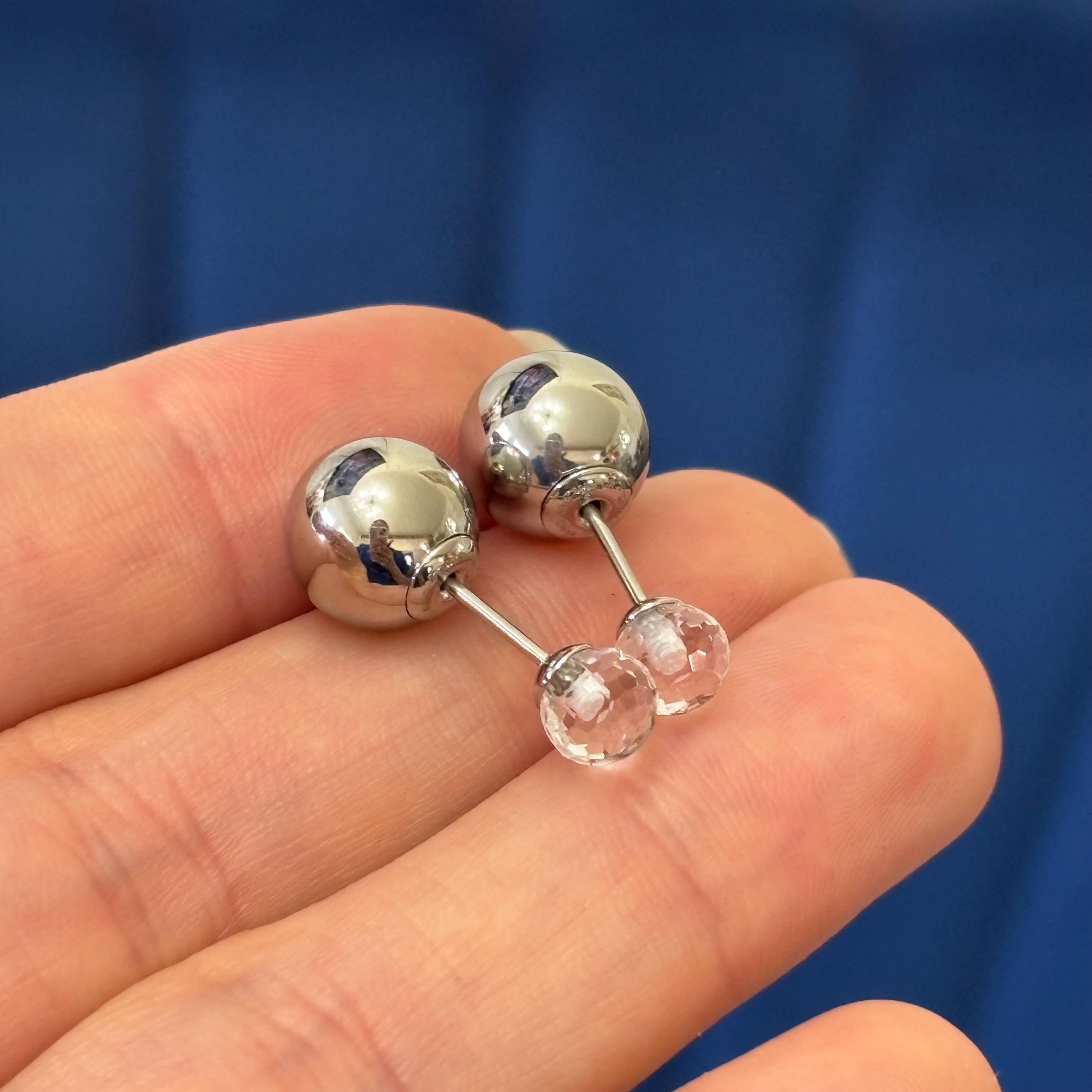 Stainless Steel Polished Ball with Clear Glass Reversible Ball Post Earrings