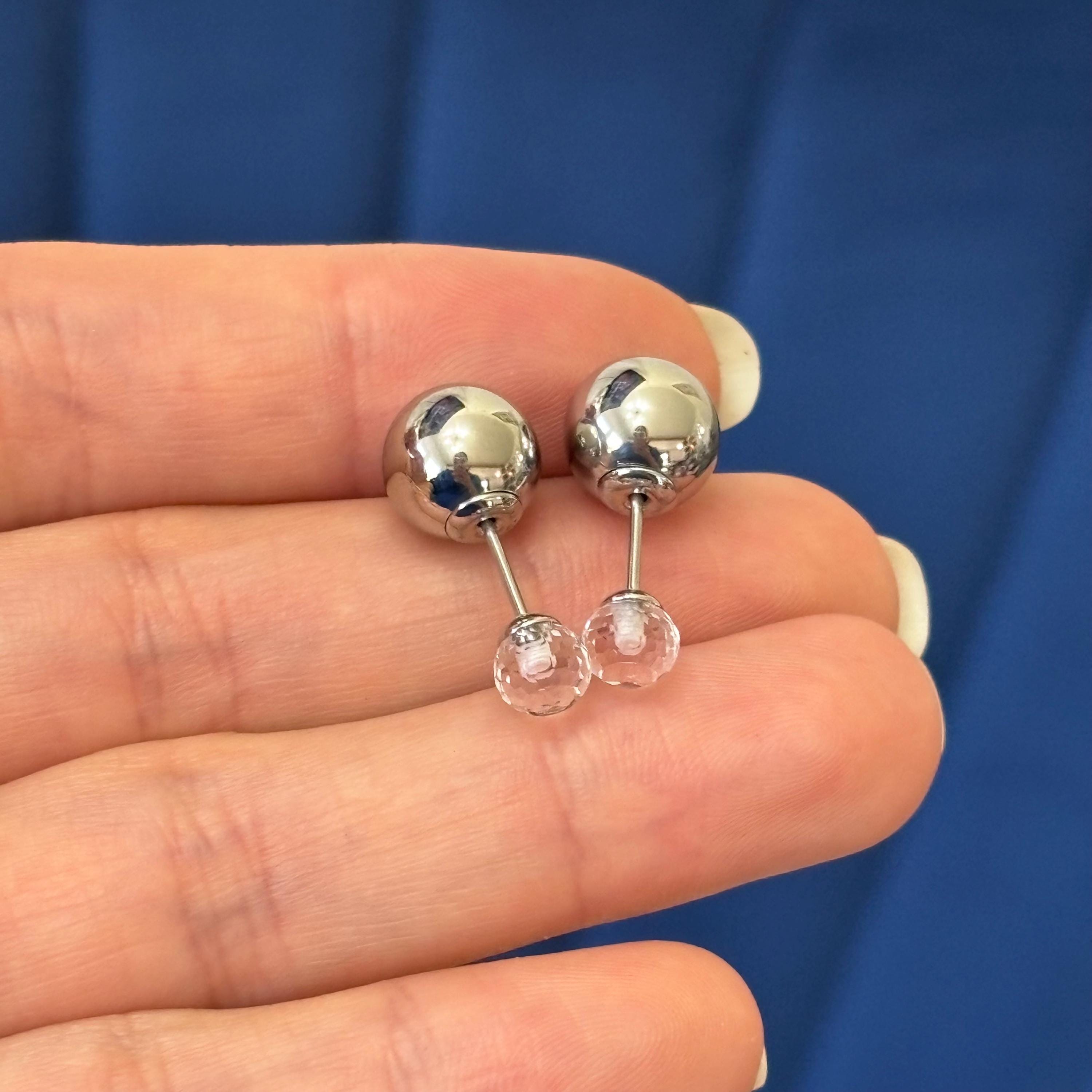 Stainless Steel Polished Ball with Clear Glass Reversible Ball Post Earrings