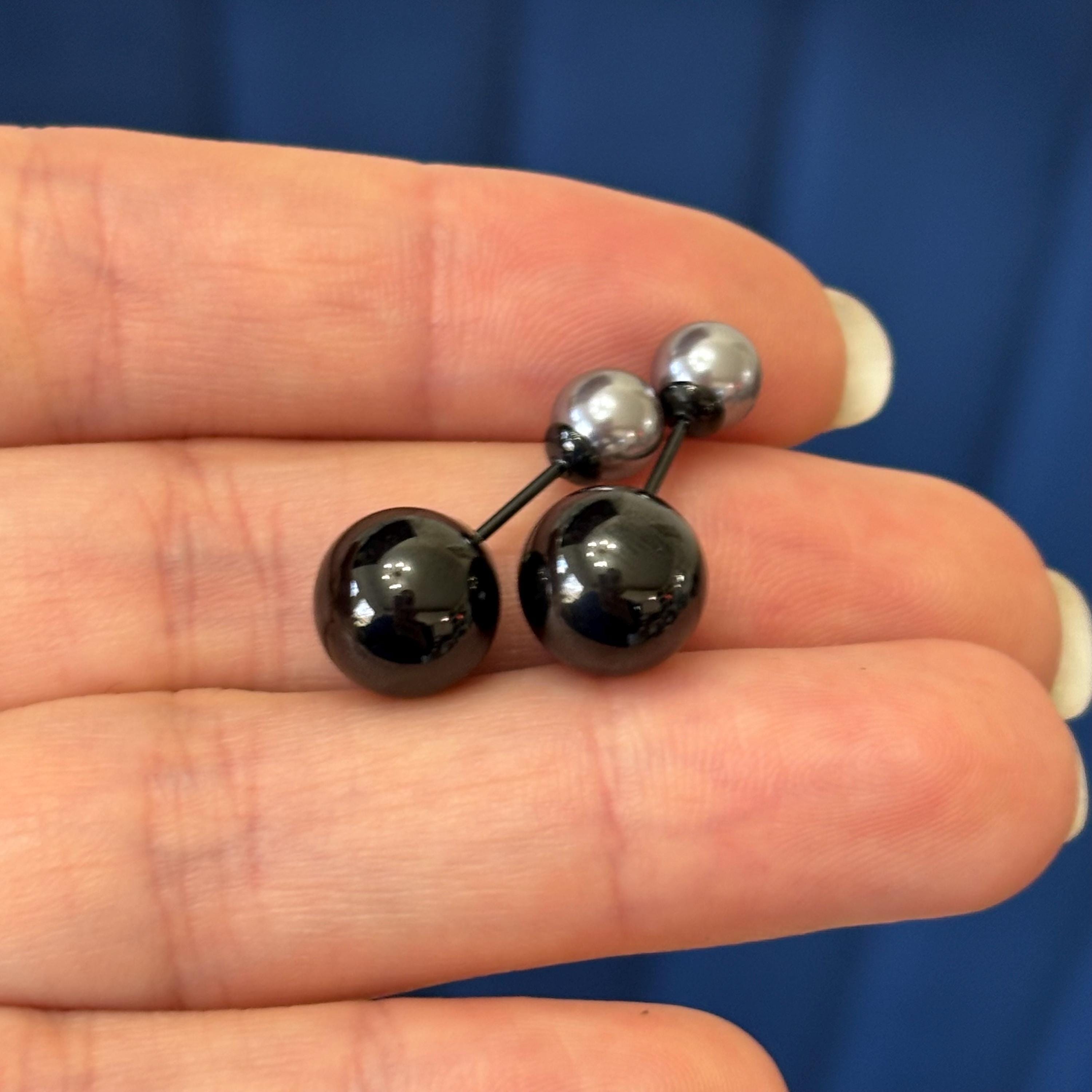 Stainless Steel Polished Black IP Ball with Faux Pearl Reversible Post Earrings