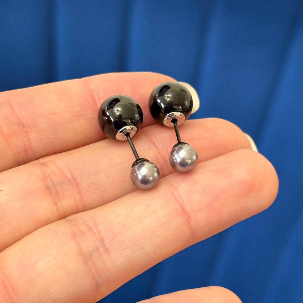 Stainless Steel Polished Black IP Ball with Faux Pearl Reversible Post Earrings