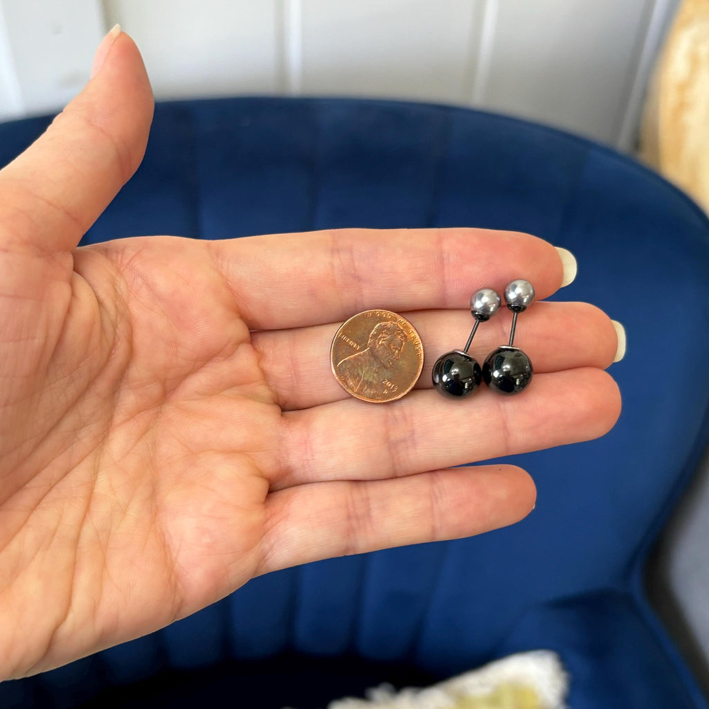 Stainless Steel Polished Black IP Ball with Faux Pearl Reversible Post Earrings