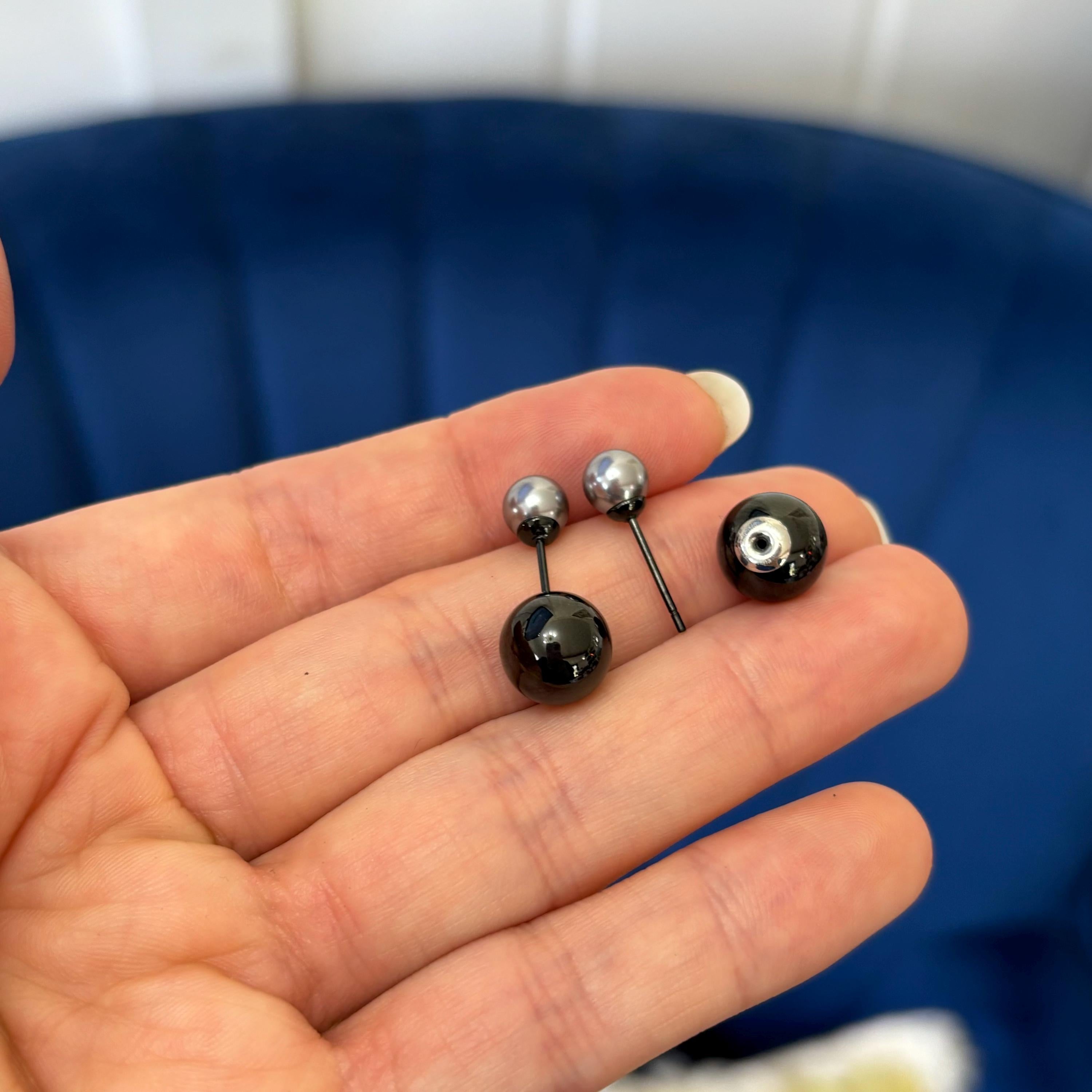 Stainless Steel Polished Black IP Ball with Faux Pearl Reversible Post Earrings