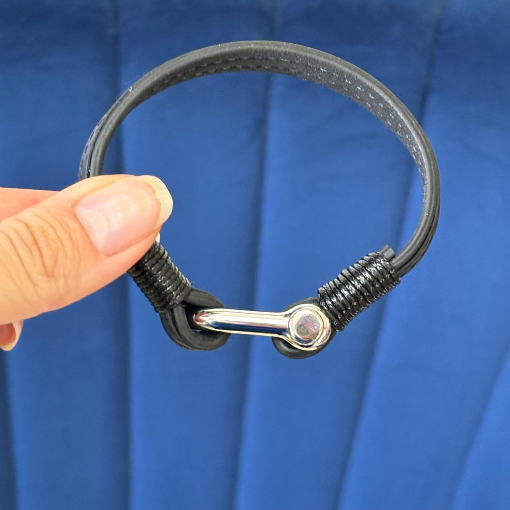 Stainless Steel Black and Blue Leather Shackle Bracelet