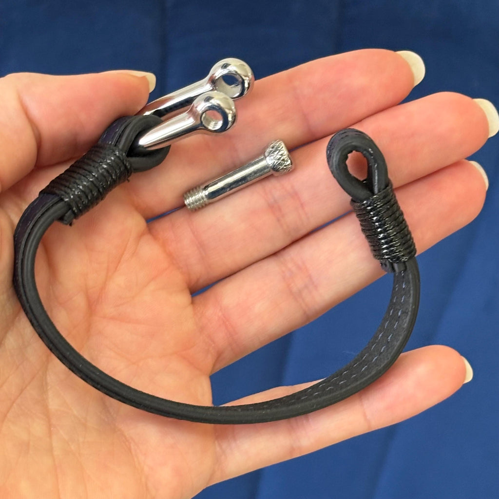 Stainless Steel Black and Blue Leather Shackle Bracelet