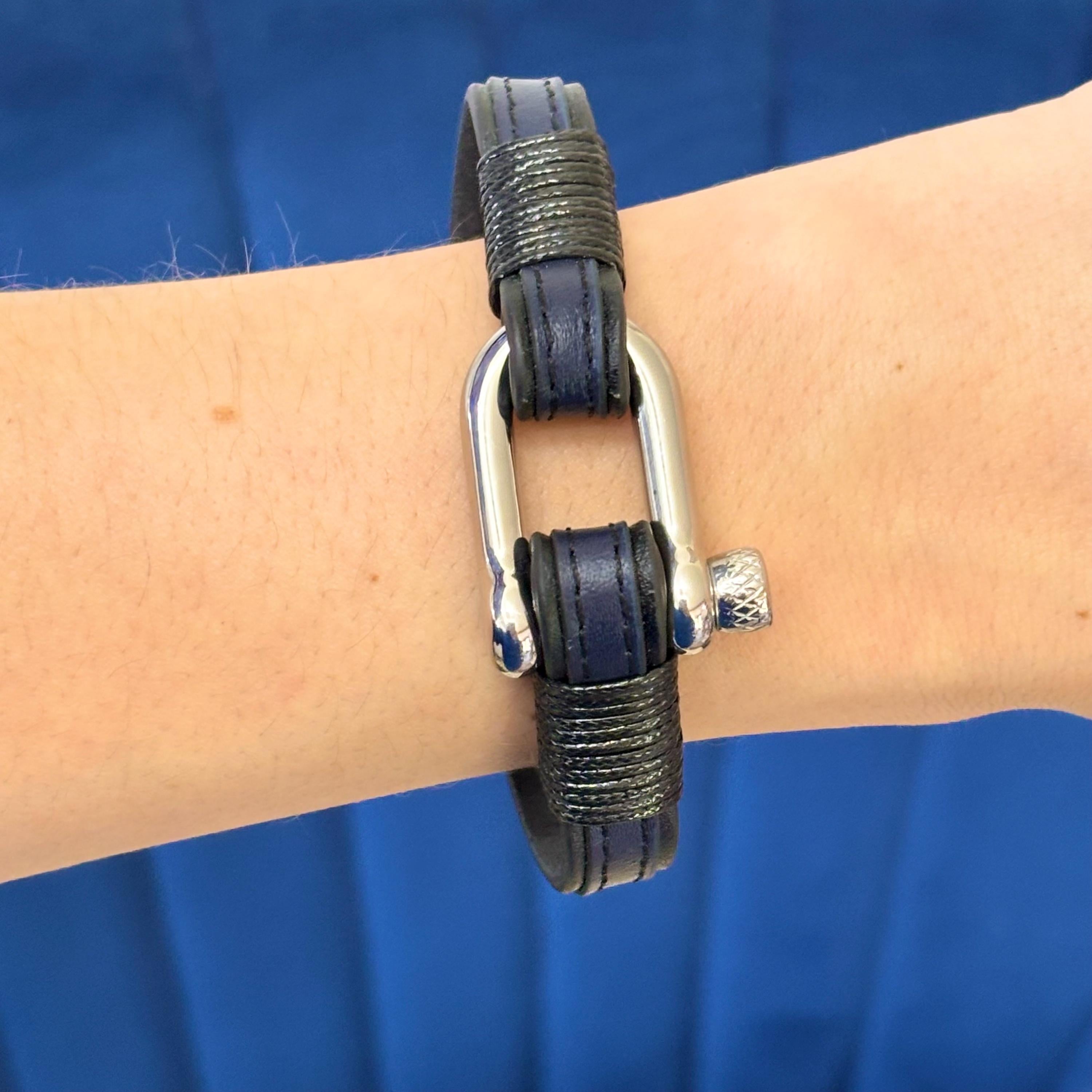 Stainless Steel Black and Blue Leather Shackle Bracelet