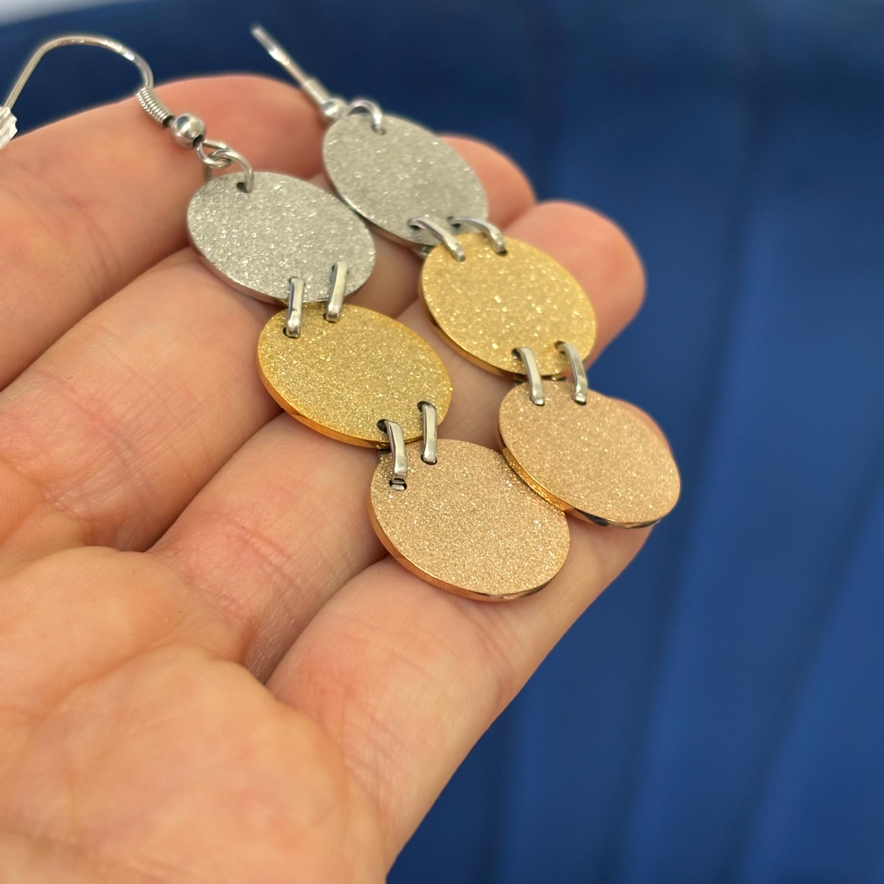 Stainless Steel Tri-color  Rose, Yellow and Silver-tone Satin Disc Large Dangle Earrings