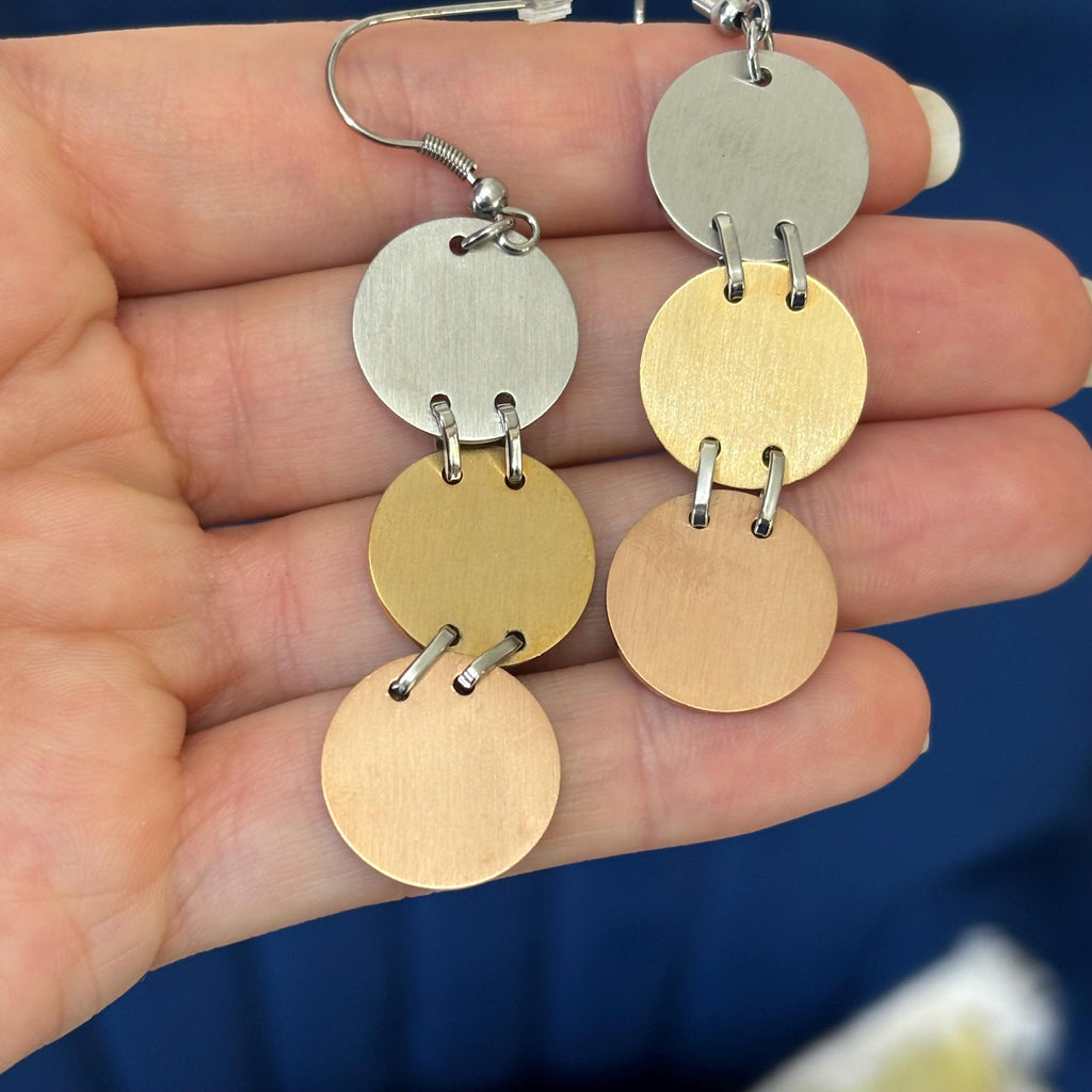 Stainless Steel Tri-color  Rose, Yellow and Silver-tone Satin Disc Large Dangle Earrings