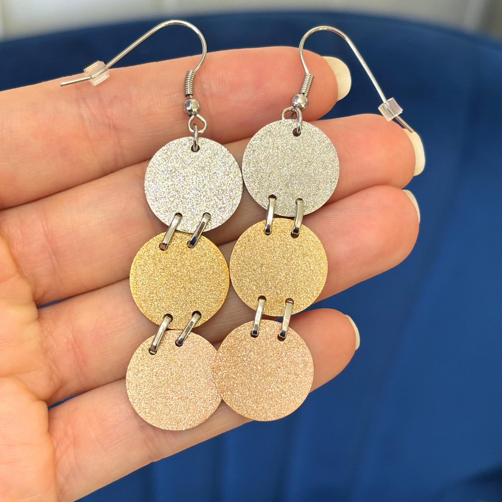 Stainless Steel Tri-color  Rose, Yellow and Silver-tone Satin Disc Large Dangle Earrings
