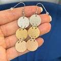 Stainless Steel Tri-color  Rose, Yellow and Silver-tone Satin Disc Large Dangle Earrings