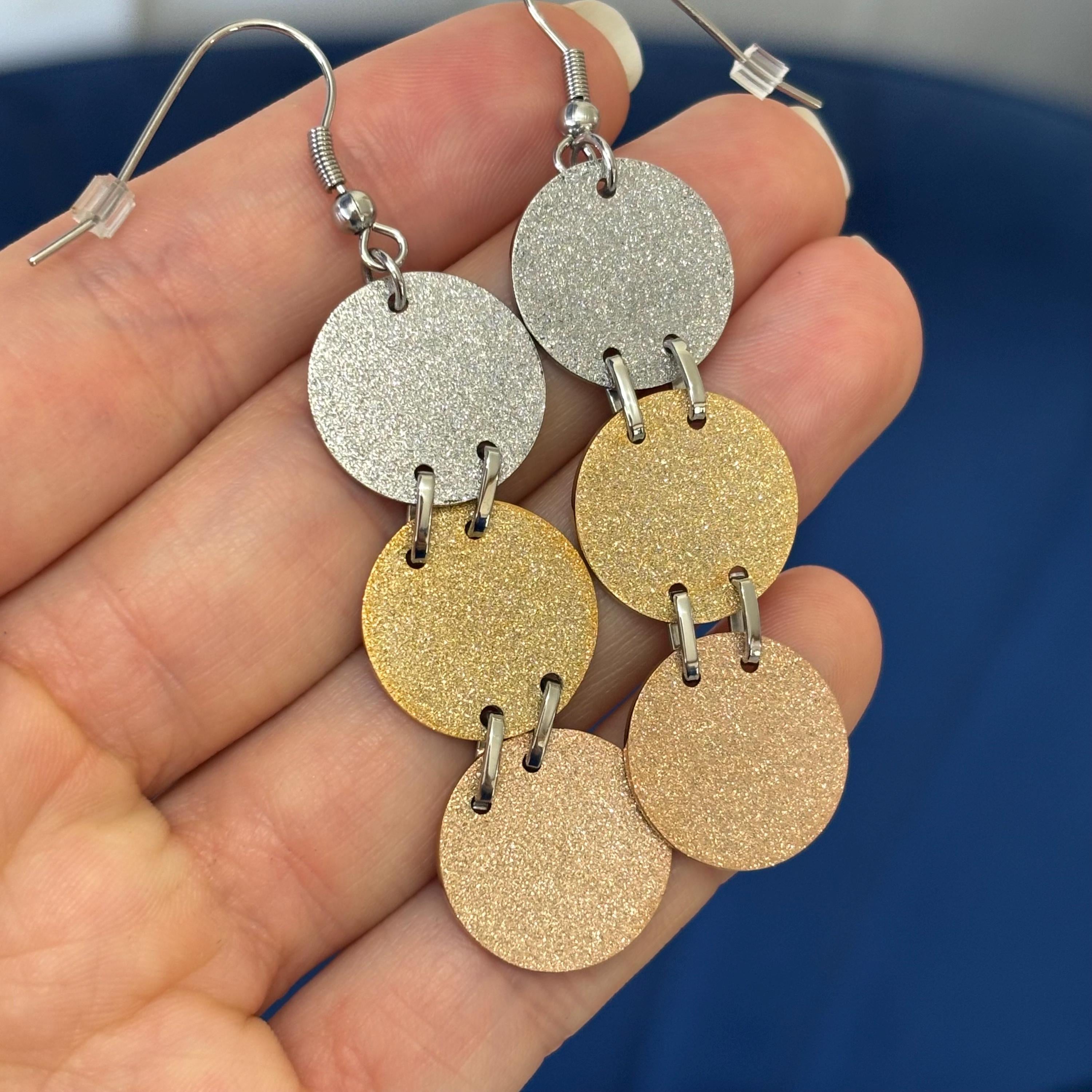 Stainless Steel Tri-color  Rose, Yellow and Silver-tone Satin Disc Large Dangle Earrings