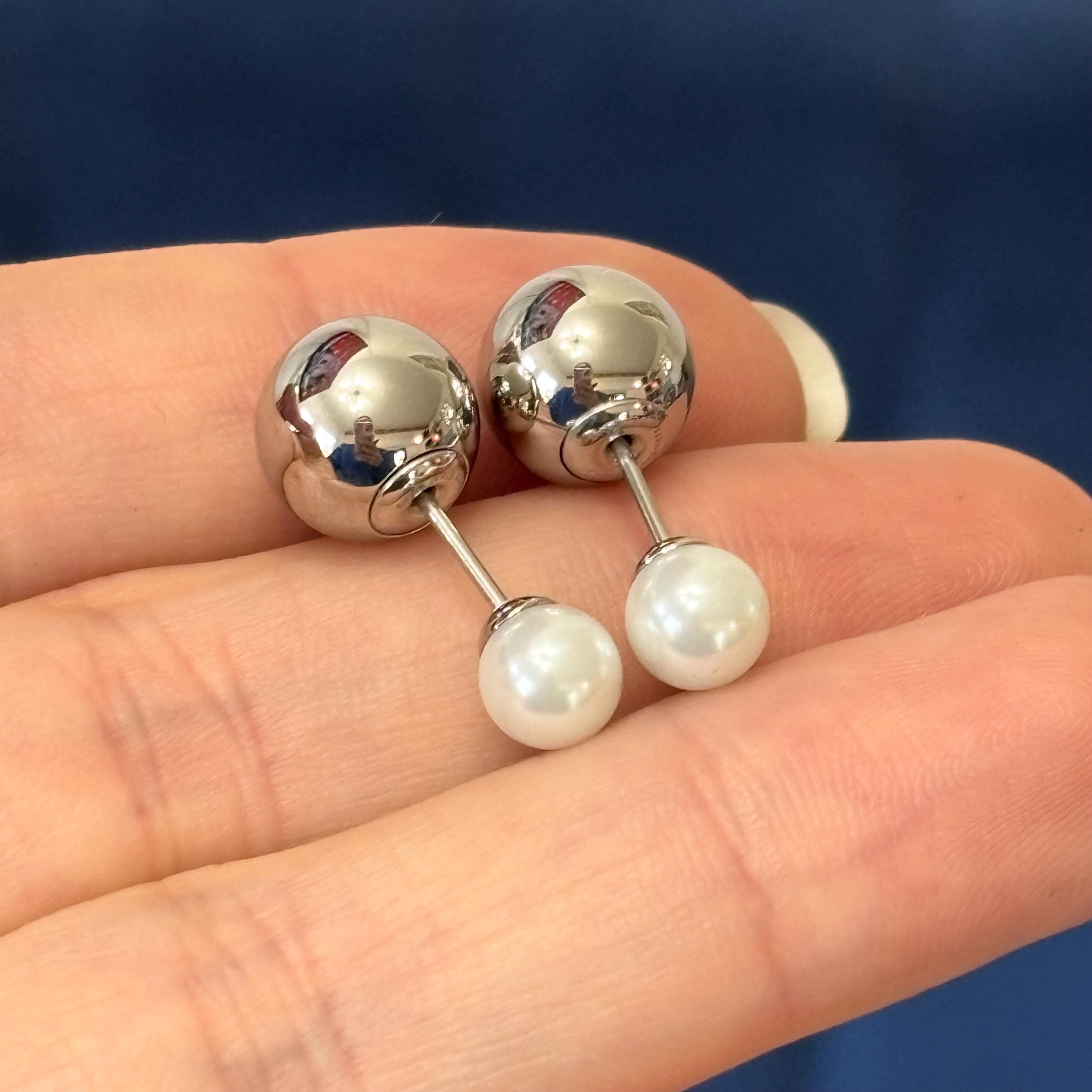 Stainless Steel Polished Ball with Faux Pearl Reversible Post Earrings