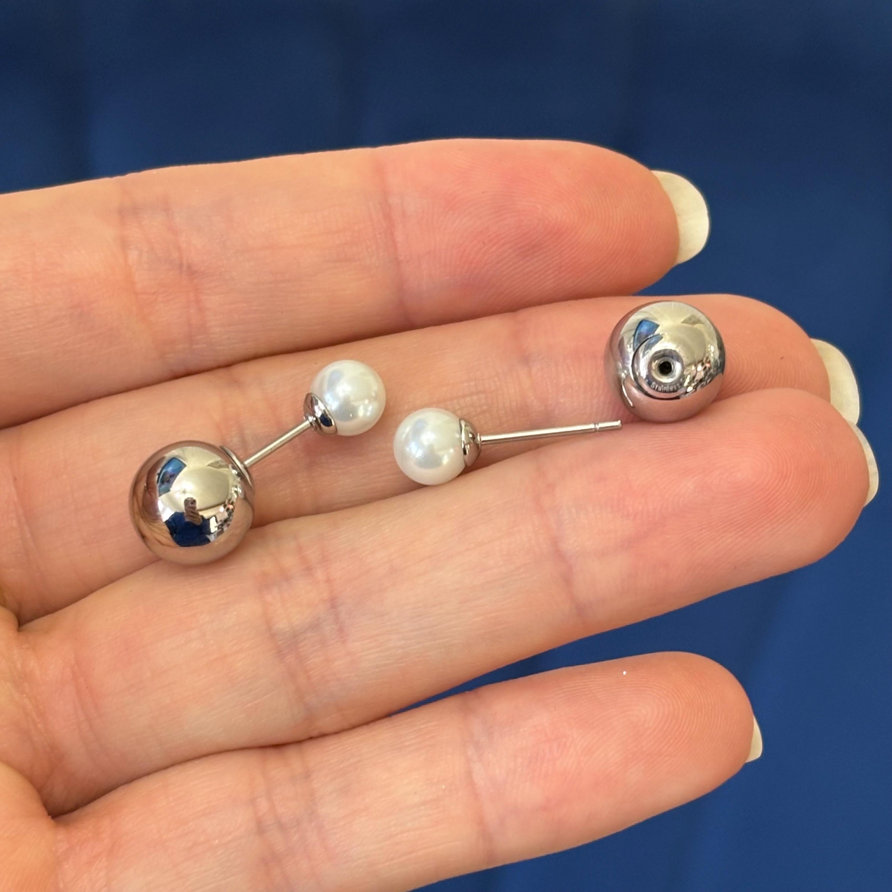 Stainless Steel Polished Ball with Faux Pearl Reversible Post Earrings
