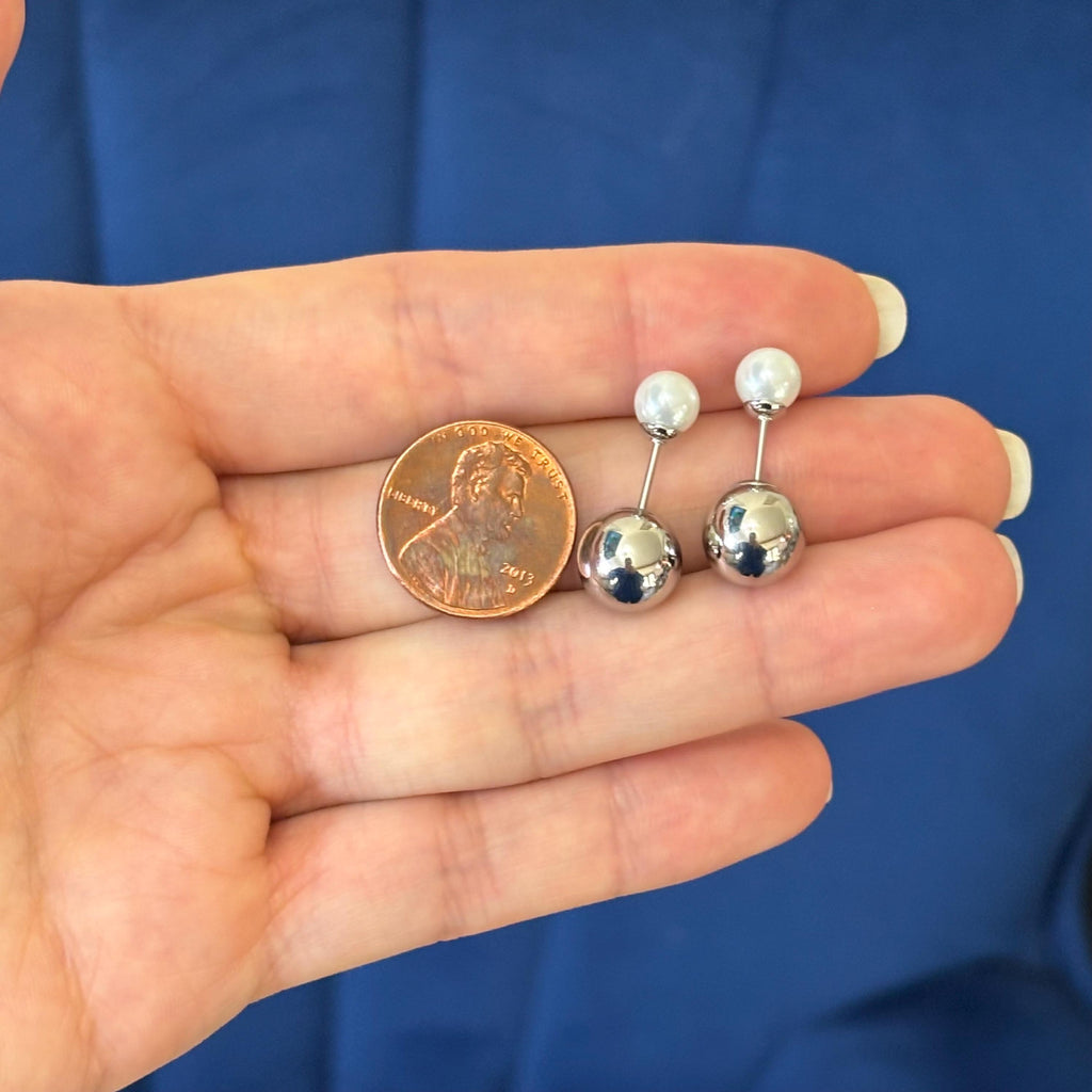 Stainless Steel Polished Ball with Faux Pearl Reversible Post Earrings