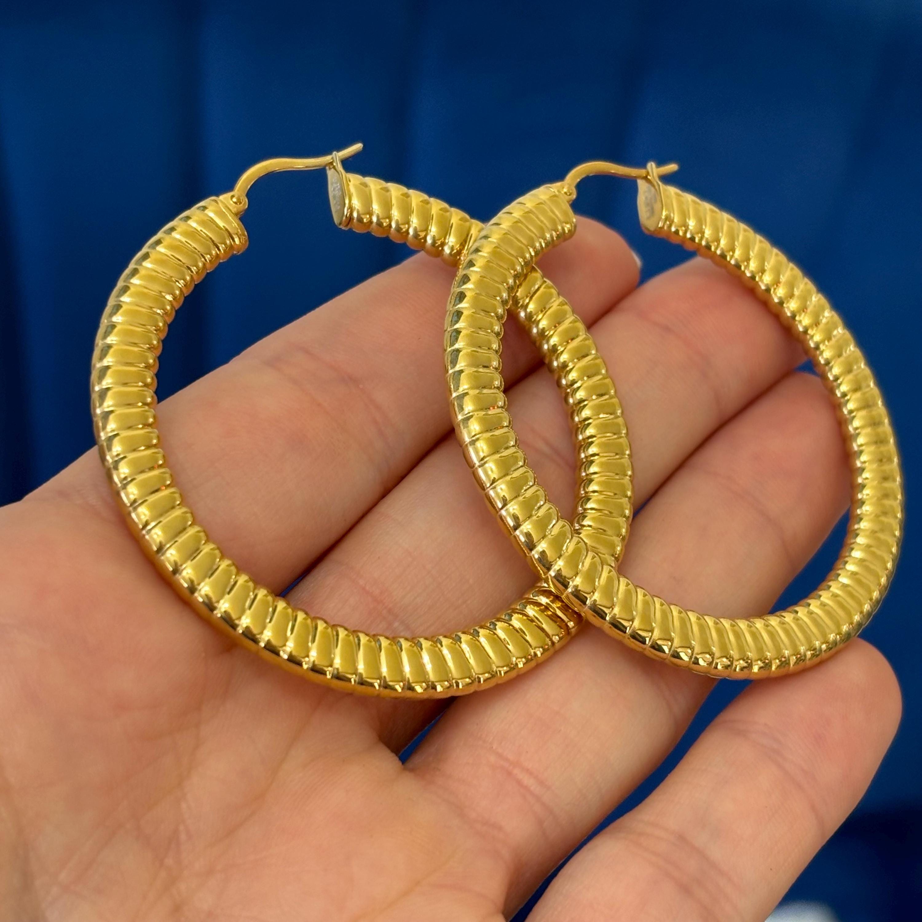 Stainless Steel Yellow IP-plated Textured Hollow Hoop Earrings