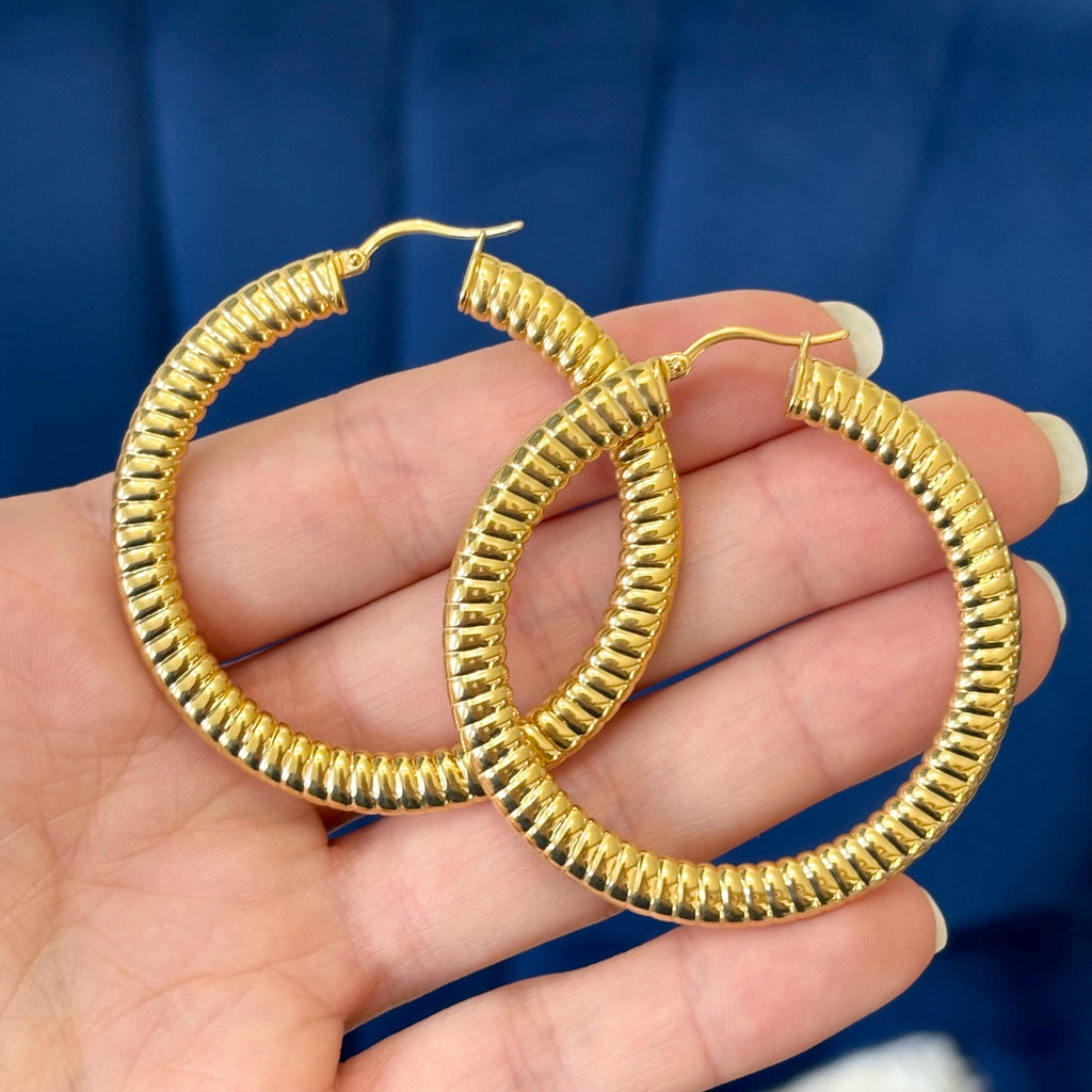 Stainless Steel Yellow IP-plated Textured Hollow Hoop Earrings