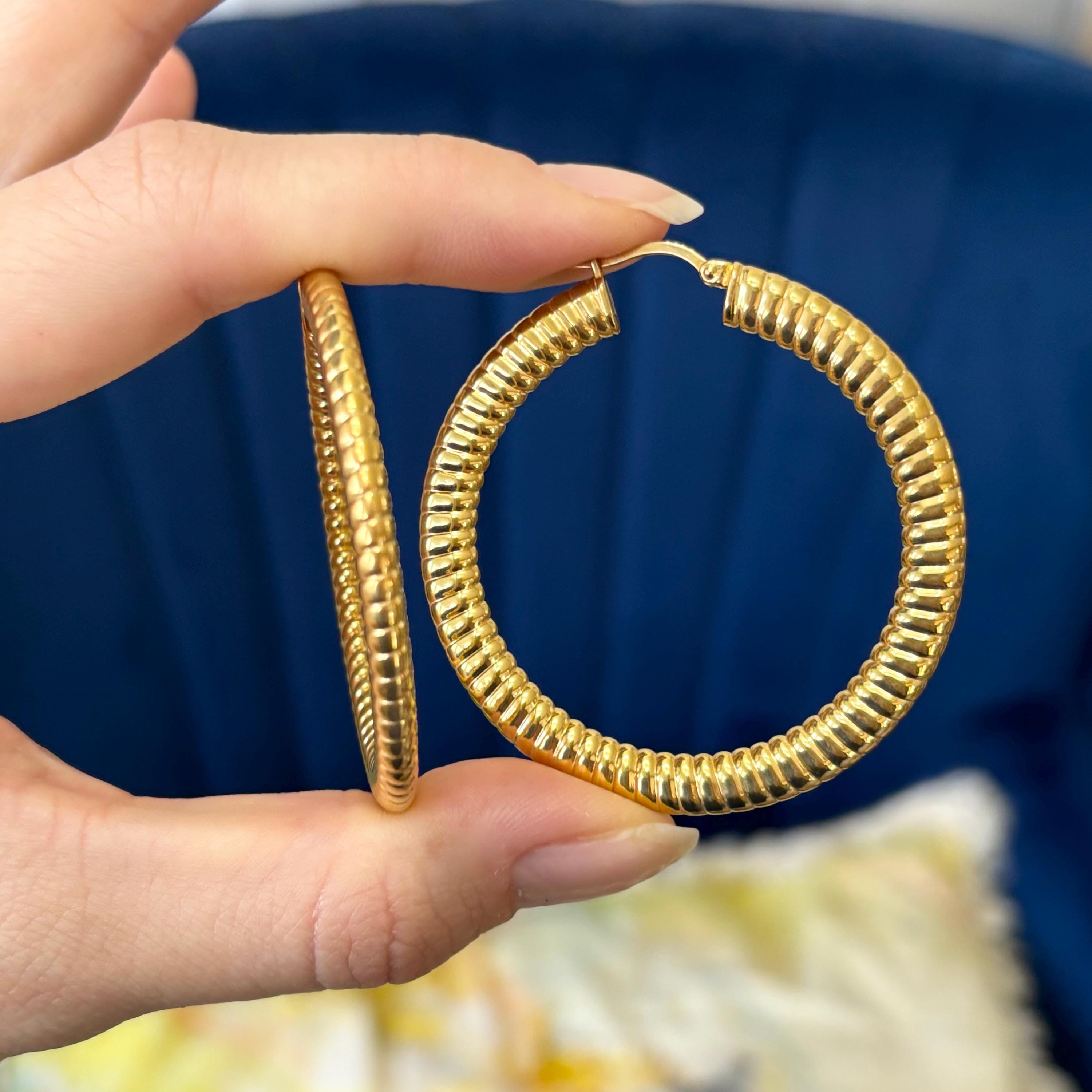 Stainless Steel Yellow IP-plated Textured Hollow Hoop Earrings