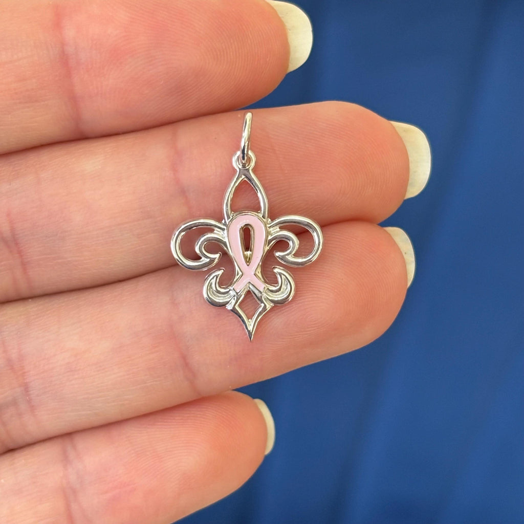 Sterling Silver Fleur De Lis Pink Ribbon Pendant