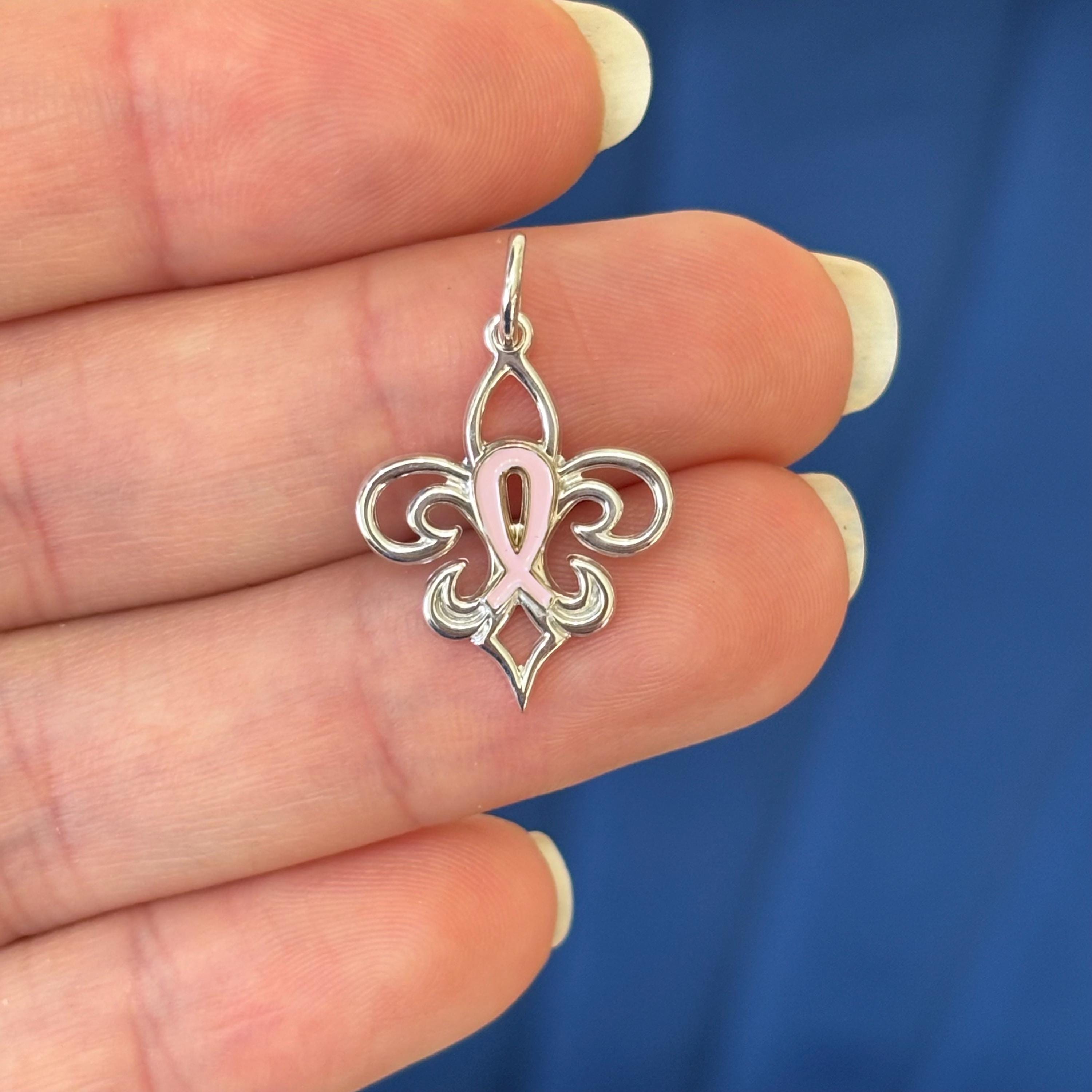 Sterling Silver Fleur De Lis Pink Ribbon Pendant
