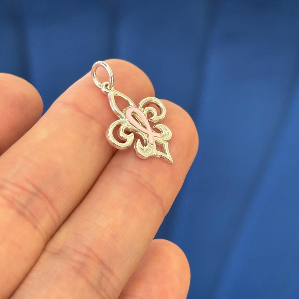 Sterling Silver Fleur De Lis Pink Ribbon Pendant