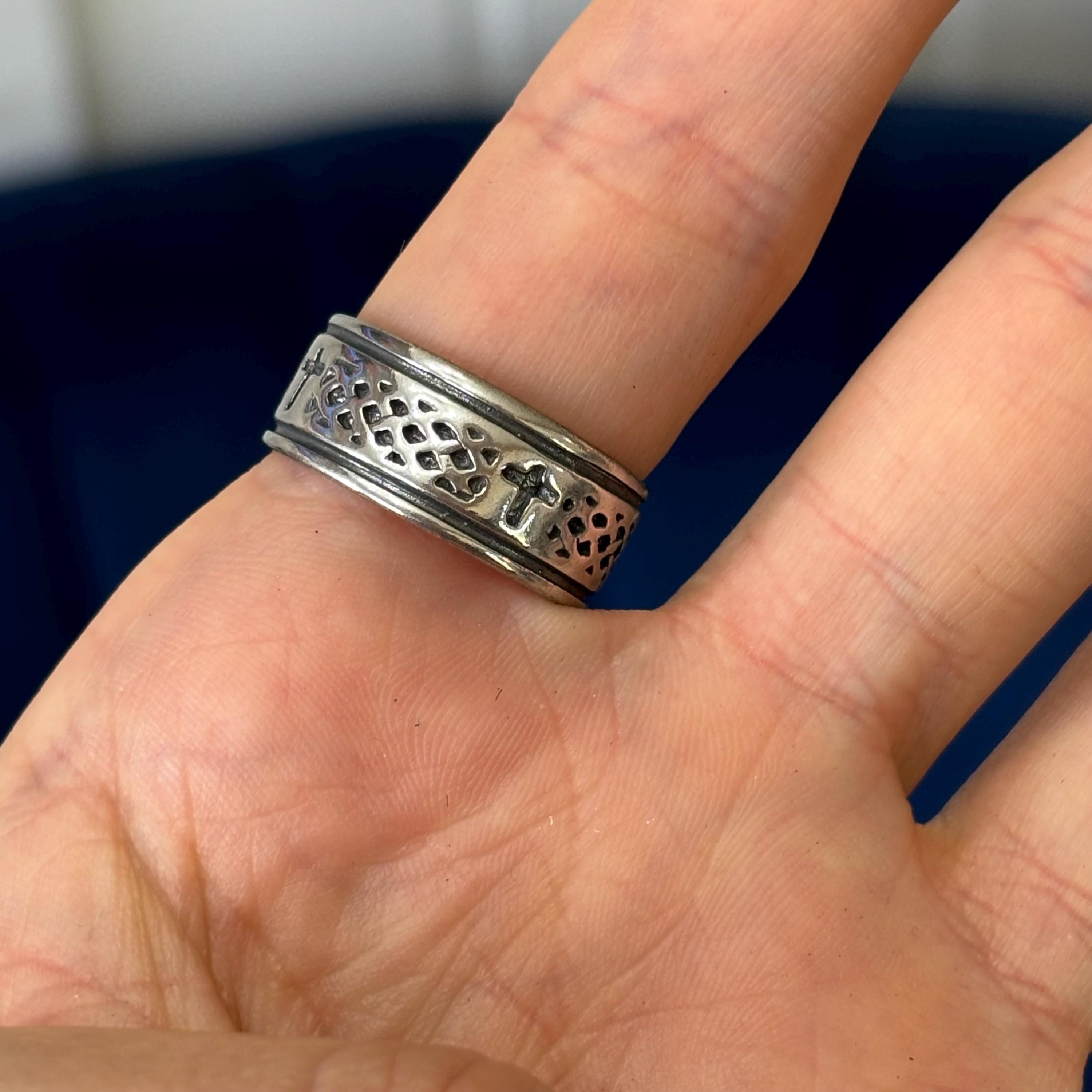 Sterling Silver Antiqued Cross and Weave Design Ring