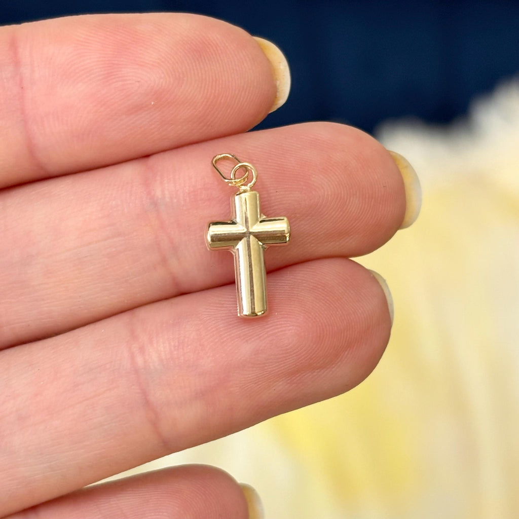 14k Gold Puffed Cross Small Charm Pendant