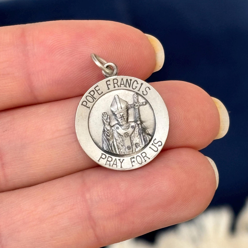 Sterling Silver Antiqued and Brushed Pope Francis Round Medal Pendant