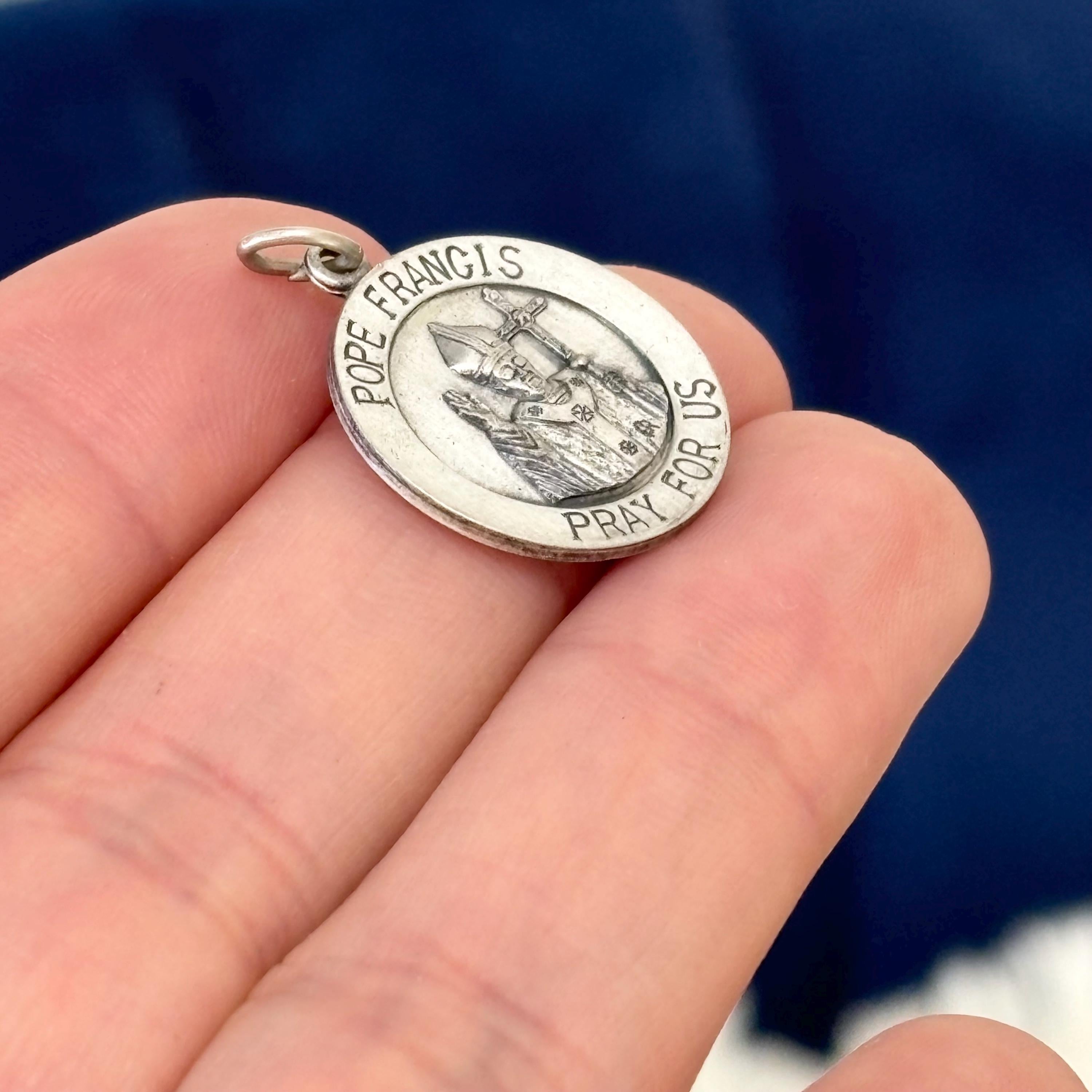 Sterling Silver Antiqued and Brushed Pope Francis Round Medal Pendant