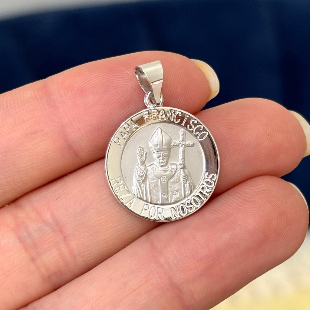 14k White Gold Pope Francis Round Medal Pendant – Satin Polished Religious Jewelry Papa Francisco