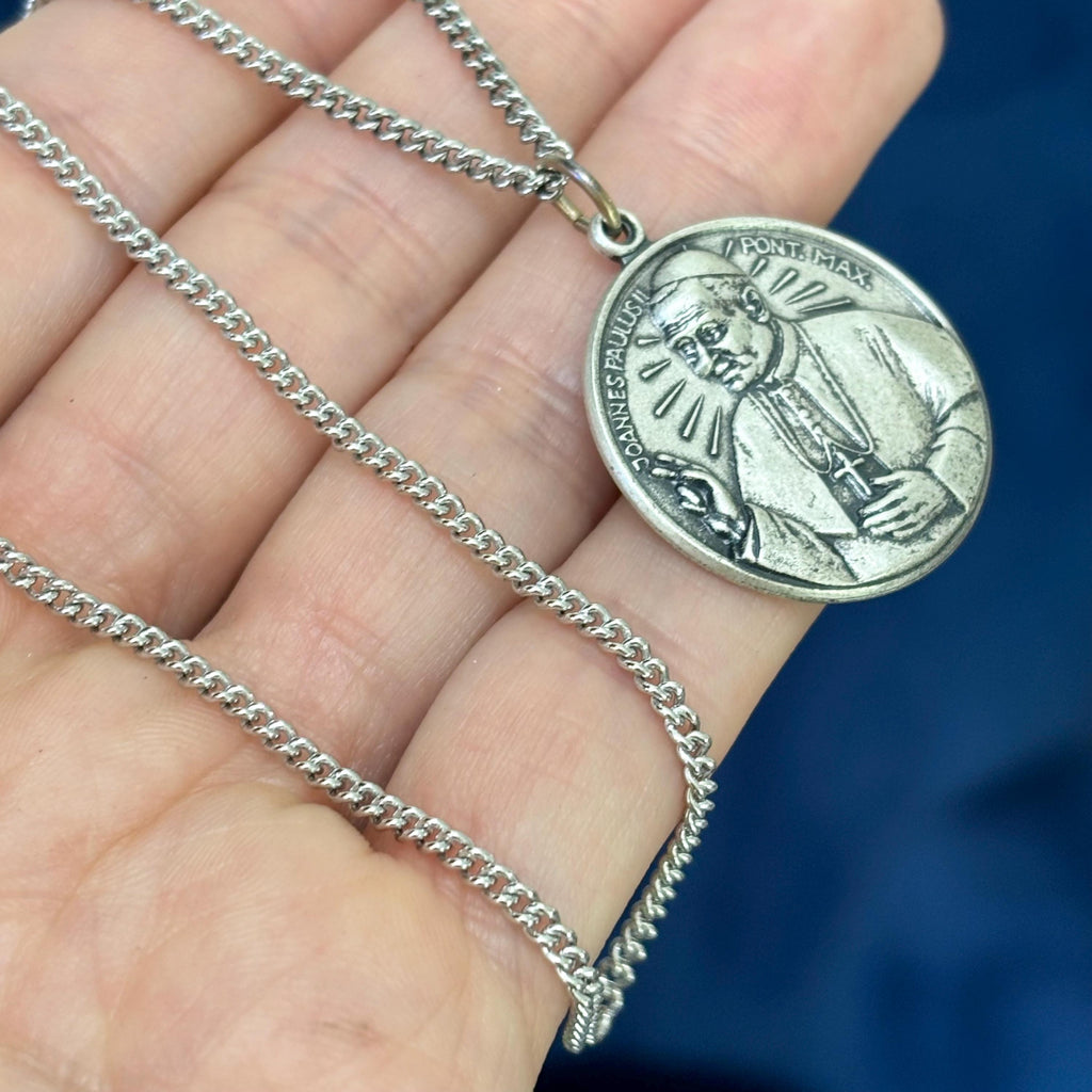 Sterling Silver Pope John Paul II Medal 24” Necklace