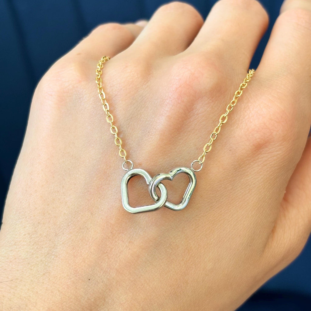 10k Two-tone Gold Double  Interlocking Hearts Small Necklace