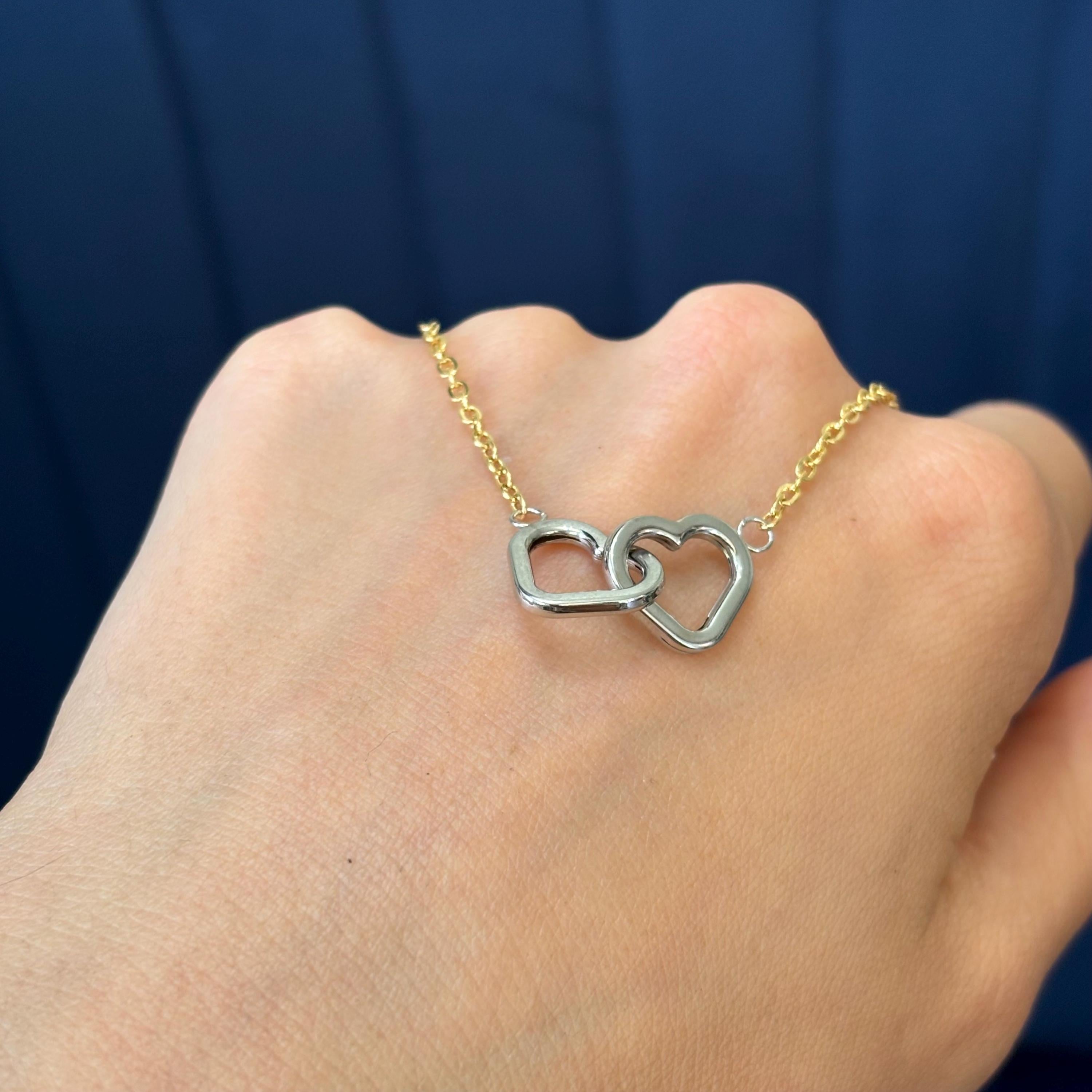 10k Two-tone Gold Double  Interlocking Hearts Small Necklace