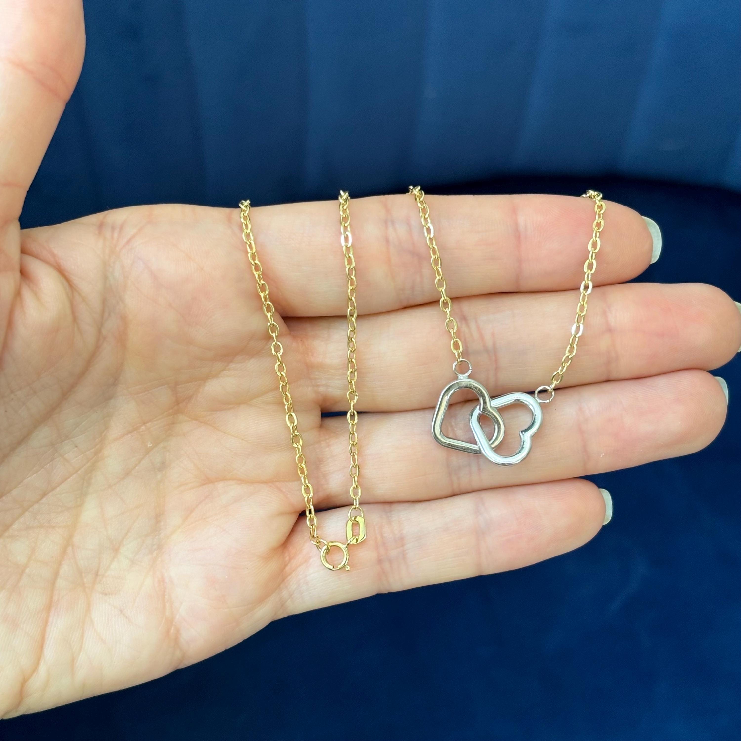 10k Two-tone Gold Double  Interlocking Hearts Small Necklace