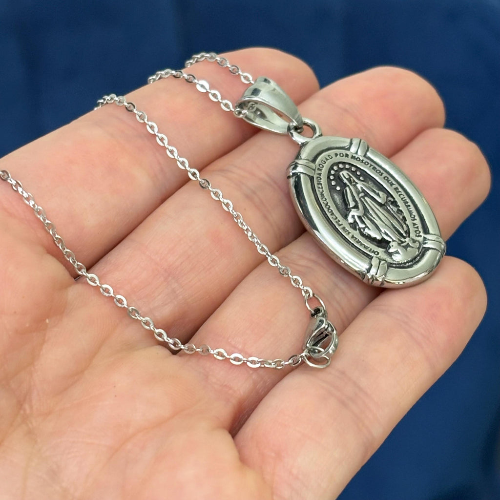 Stainless Steel Antiqued Spanish Miraculous Medal 18” Necklace