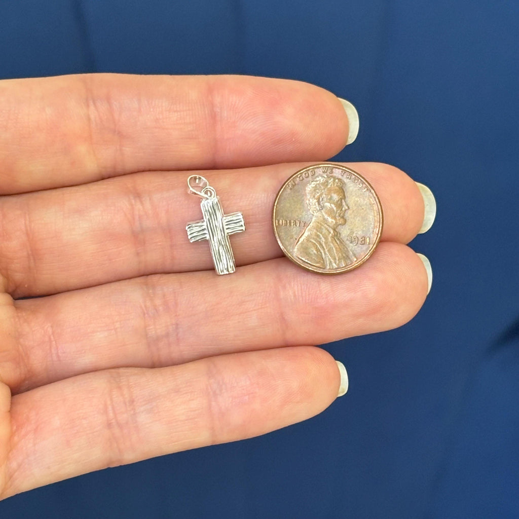 Sterling Silver Rugged Wood-grain Small Cross Pendant