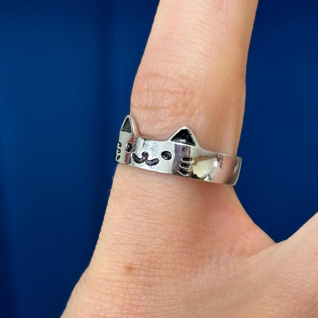 Sterling Silver Cat with Paw Print Adjustable Ring