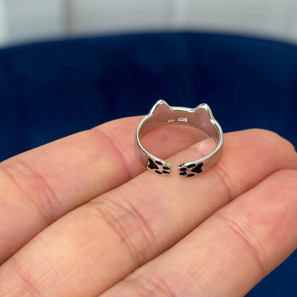 Sterling Silver Cat with Paw Print Adjustable Ring
