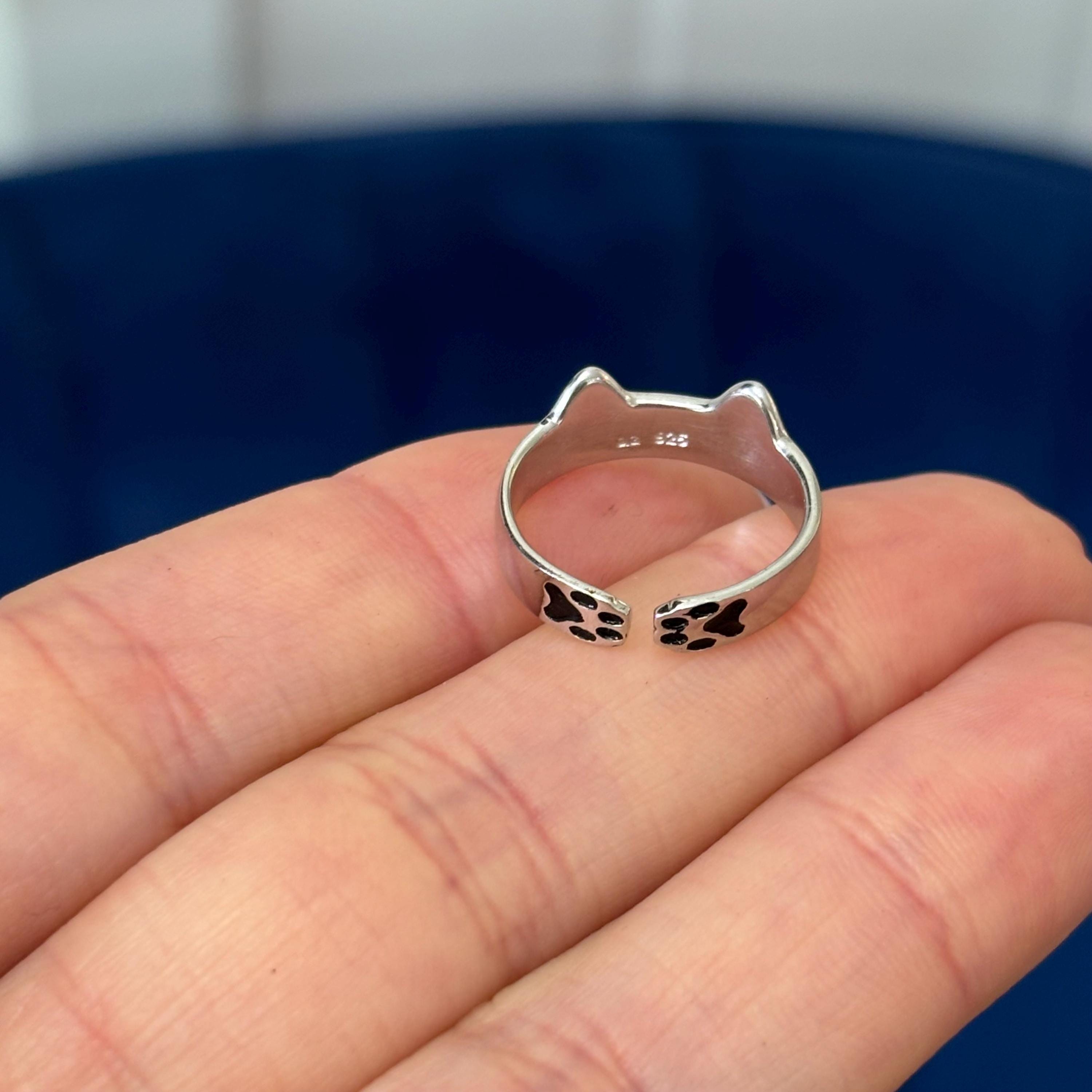 Sterling Silver Cat with Paw Print Adjustable Ring