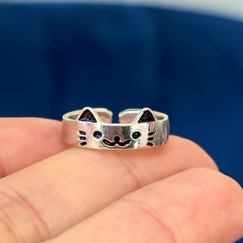 Sterling Silver Cat with Paw Print Adjustable Ring