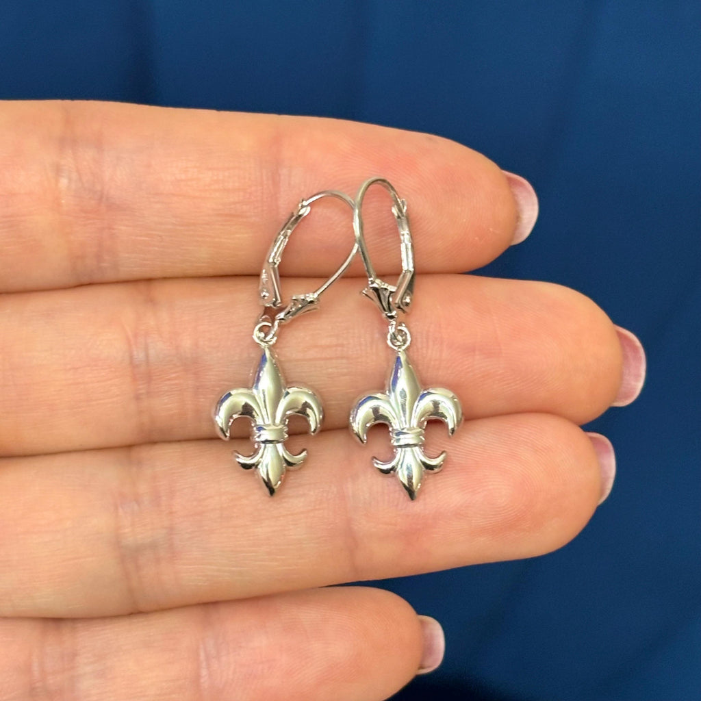 14K White Gold Fleur-de-Lis Dangle Earrings