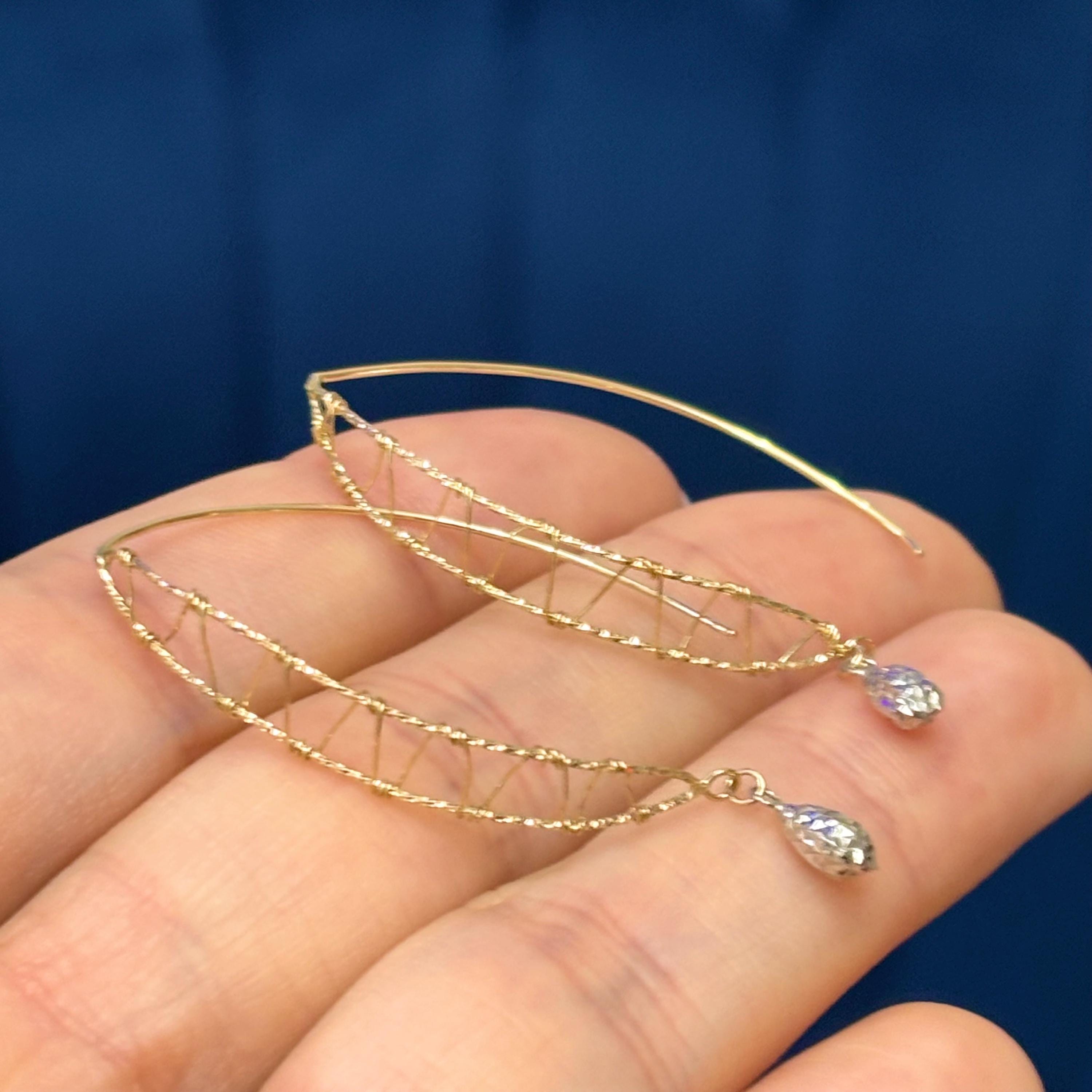 14k Two-tone Wire Wrapped Diamond-cut Wire Dangle Earrings
